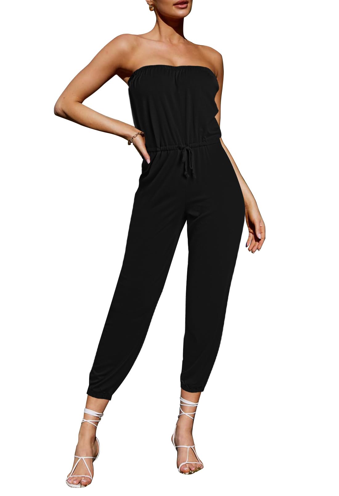 Pink Women's Off Shoulder Jumpsuit - Strapless Casual Romper with Drawstring Waist | Perfect for Beach, Summer Outfits & Vacation Wear