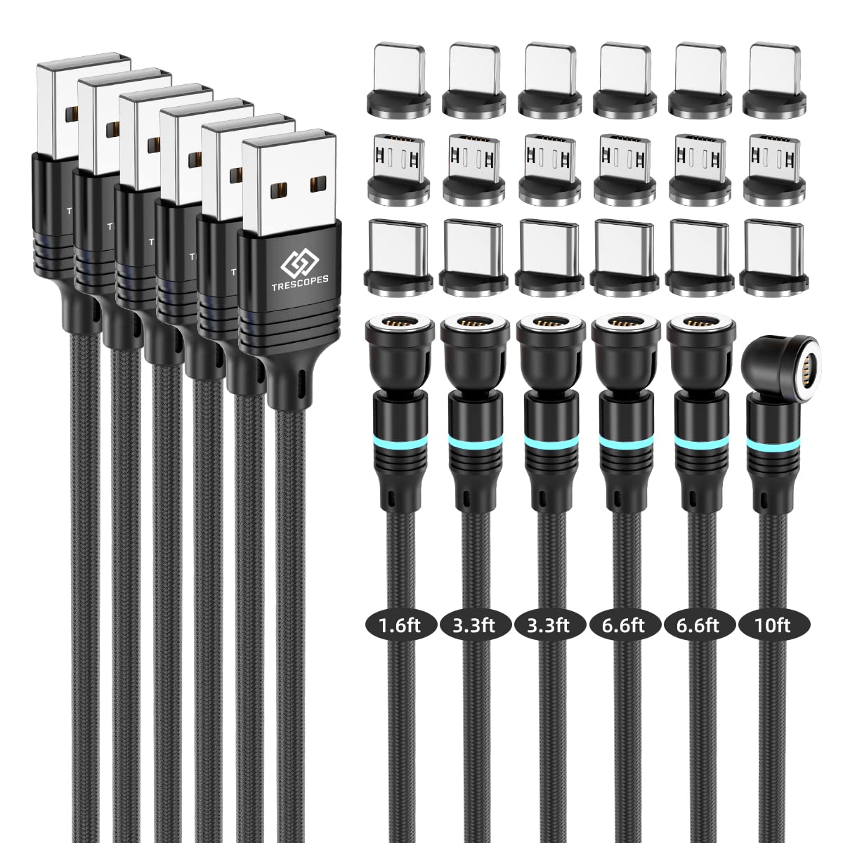 Trescopes Magnetic Fast Charging Cable [6 Pack] - 540° Rotating Heads, 3-in-1 USB C/Micro USB/Lightning Charger with Quick Charge & Data Sync - Compatible with iPhone, Samsung, Android Smartphones - Perfect for Home, Office & Travel Charging
