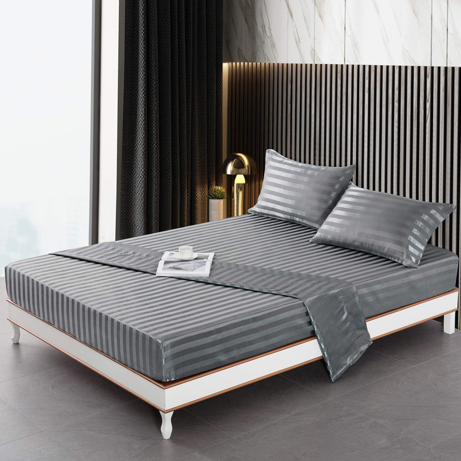 Premium Dark Grey Satin-Silk King Size Bed Sheets Set - Hypoallergenic, Cooling, Wrinkle & Fade Resistant with Deep Pockets - Luxury Striped Bedding for Master Bedroom & Guest Room