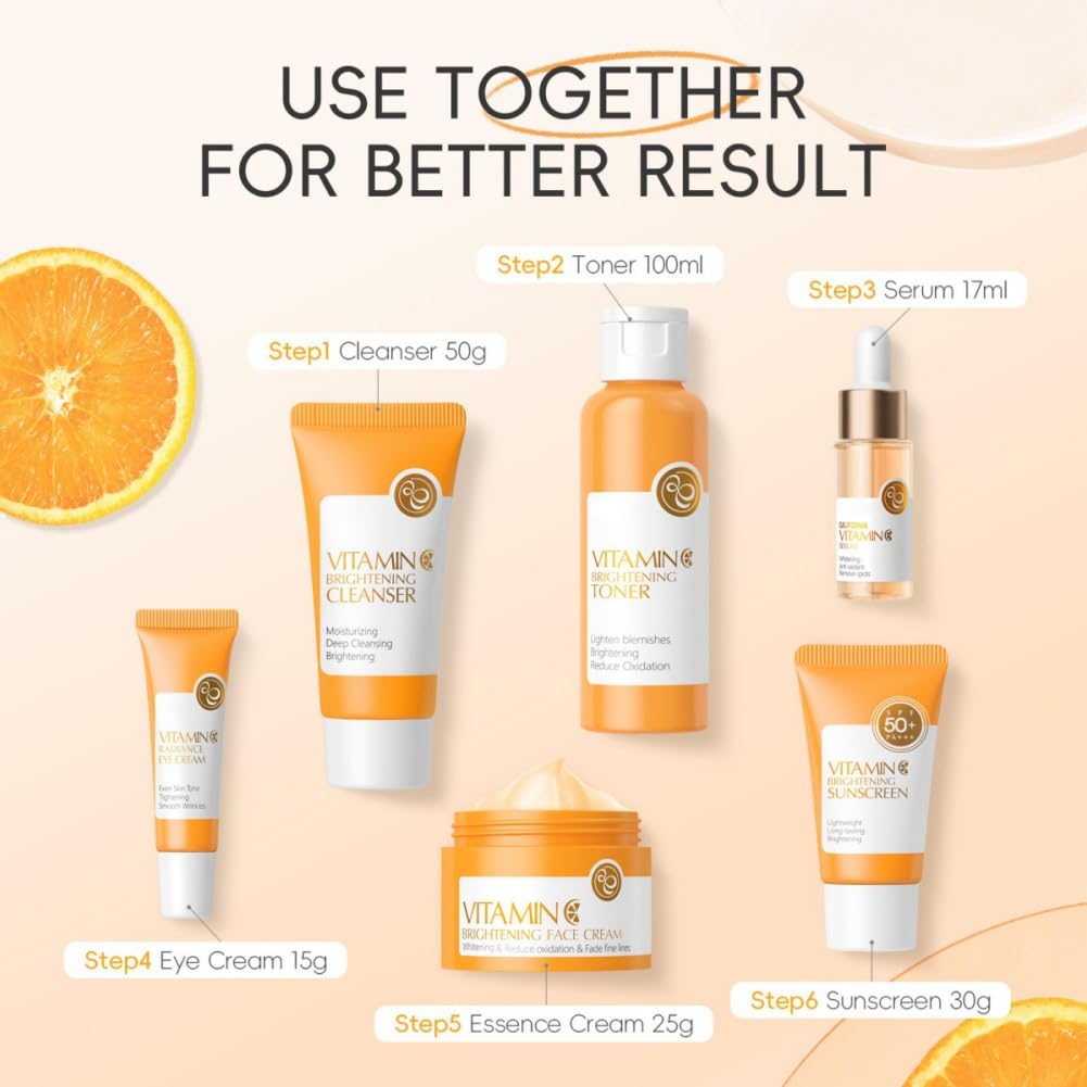 NAOLVE Vitamin C Skincare Set - 6 Piece Anti-Aging Kit with Cleanser, Toner, Serum, Eye Cream, Moisturizer & SPF Sunscreen - Brightening Facial Care Routine for Glowing Skin - Perfect Travel Skincare Gift Set for Women - Ideal for Daily Use, Morning & Night Routine