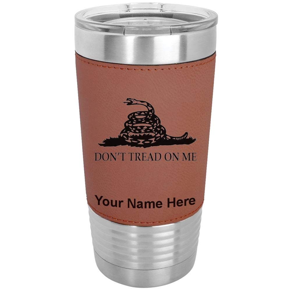 LaserGram 20oz Vacuum Insulated Stainless Steel Tumbler Mug with Gadsden Flag Design - Personalized Engraving Included (Faux Leather Handle, Dark Brown) - Perfect for Coffee, Tea & Cold Drinks at Home, Office or Travel