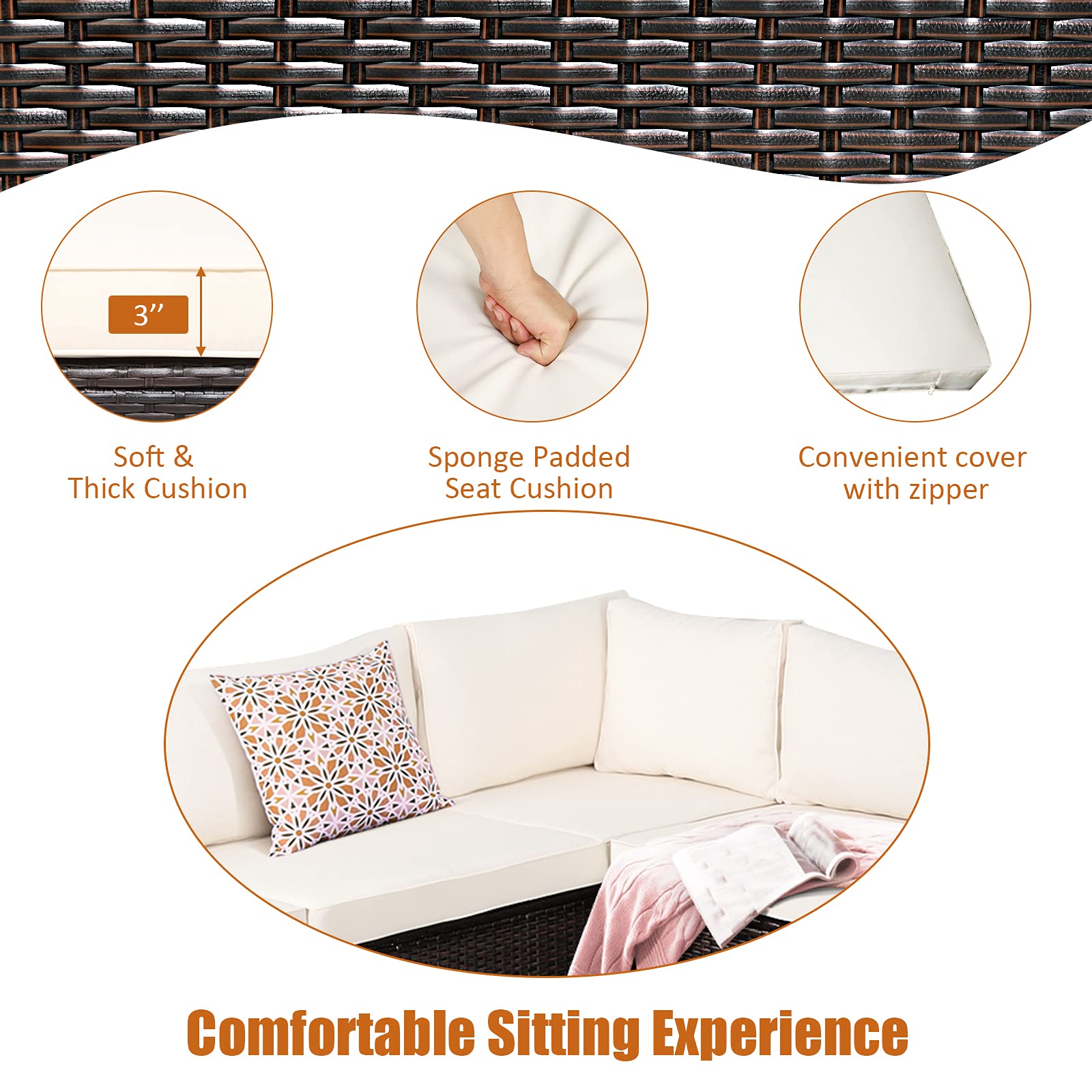 Tangkula 6-Piece Outdoor Patio Furniture Set - All-Weather Rattan Wicker Sectional Sofa with Tempered Glass Coffee Table & Cushions - Perfect for Backyard, Garden, Balcony, Poolside (Beige) | Ideal for Outdoor Entertaining, Relaxation & Lounging