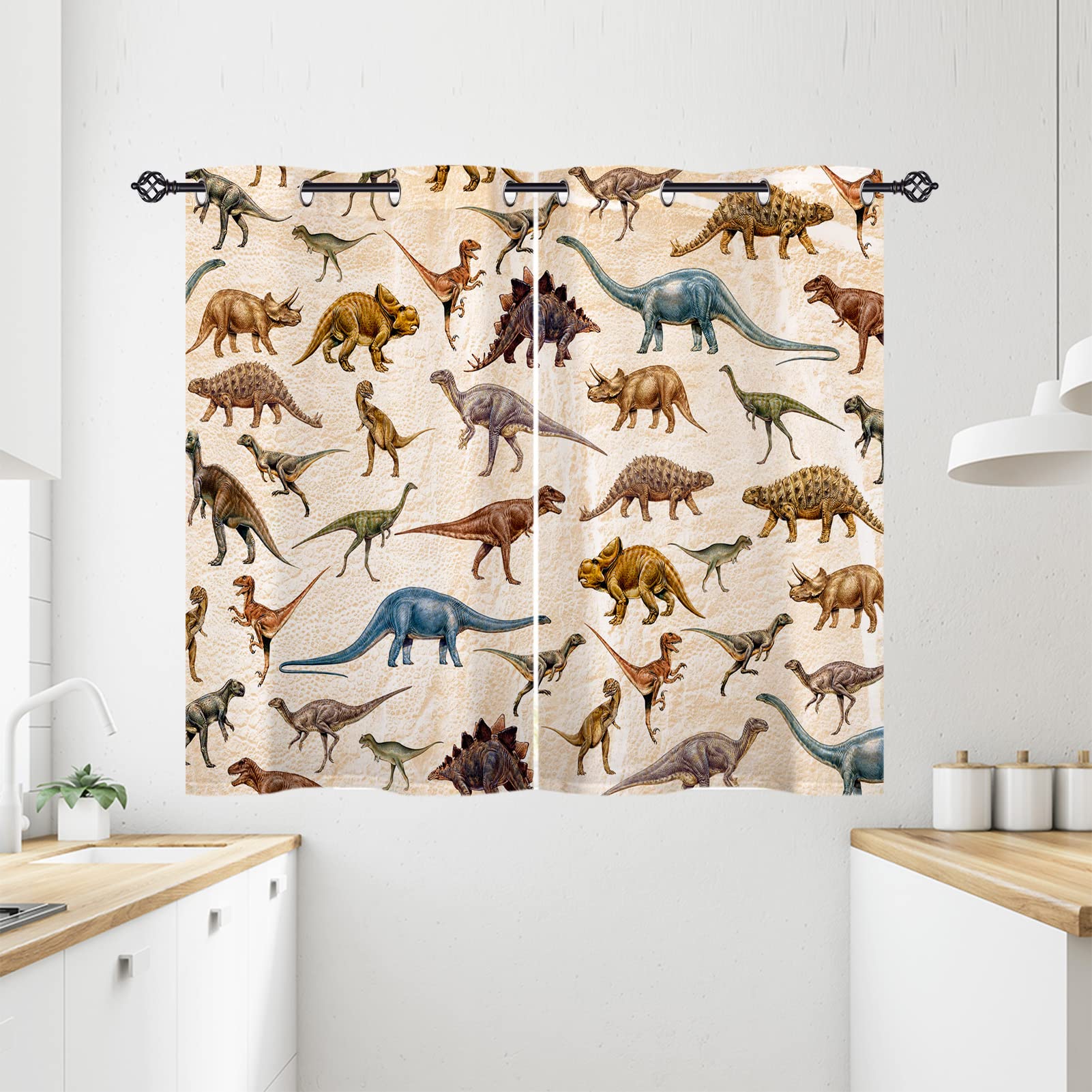 ANHOPE Blackout Curtains for Bedroom & Kitchen - 28x36 Inch Dinosaur Print Window Drapes with Grommet Top, Cartoon Jurassic Wildlife Animal Design, Room Darkening & Privacy - Perfect for Kids Room, Nursery, and Themed Decor