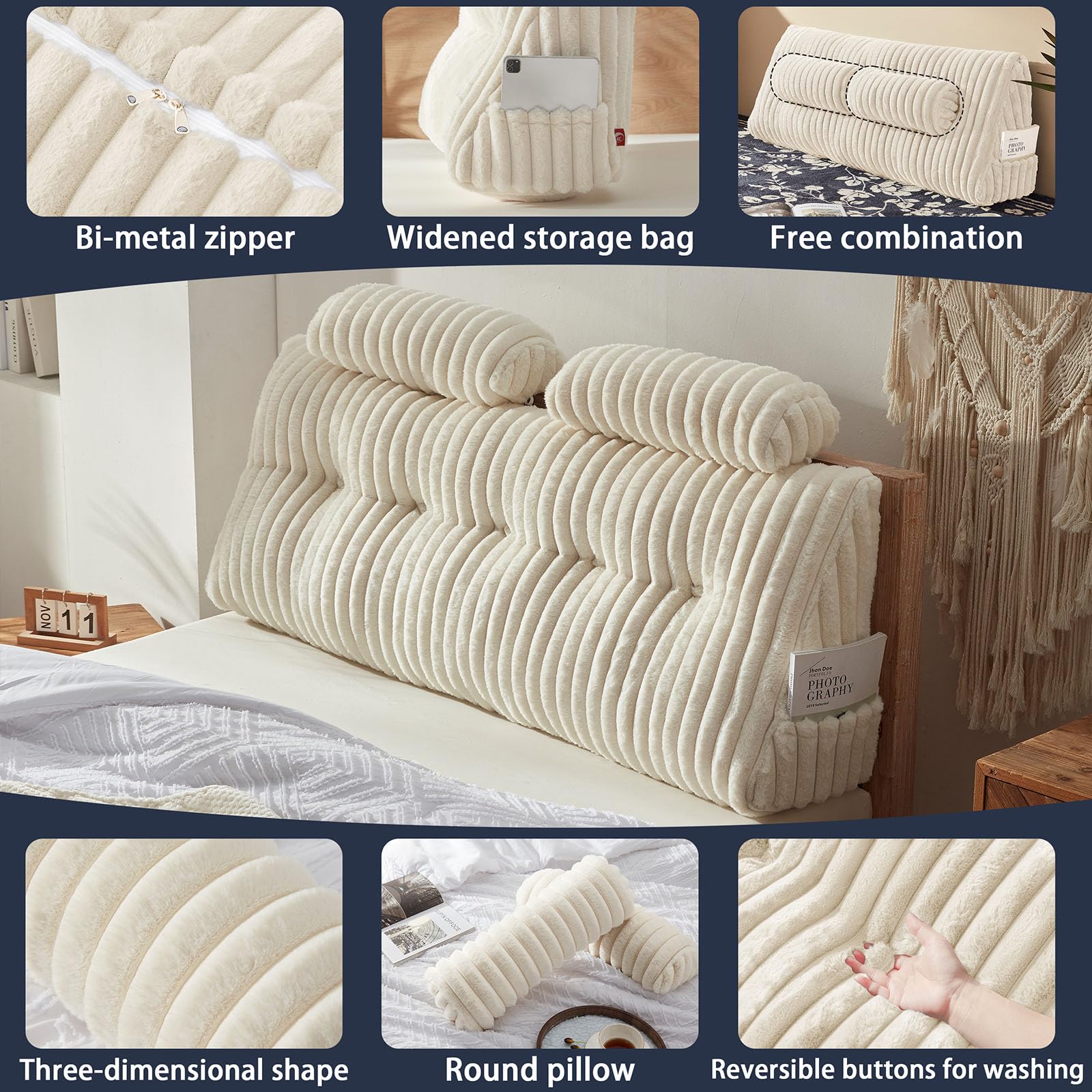 Luxury Faux Fur Headboard Pillow Set - 2 Pack Neck Roll Pillows with Soft & Supportive Queen Size Headboard Cushion & Removable Cover (Beige) - Perfect for Bedroom Decor, Reading, Relaxing & Back Support