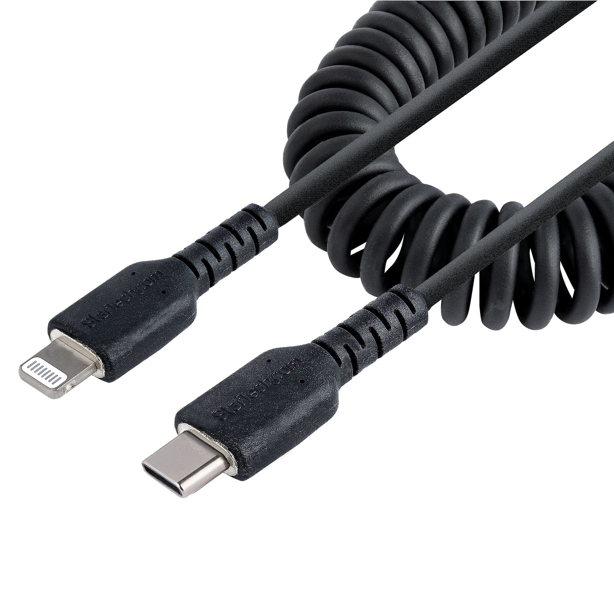 StarTech.com 1m (3ft) USB C to Lightning Cable - MFi Certified iPhone Charger with Durable TPE Jacket & Aramid Fiber - Heavy Duty Coiled Cable for iPhone 12/13/14/Pro/Max - Perfect for Home, Office & Travel (RUSB2CLT1MBC)