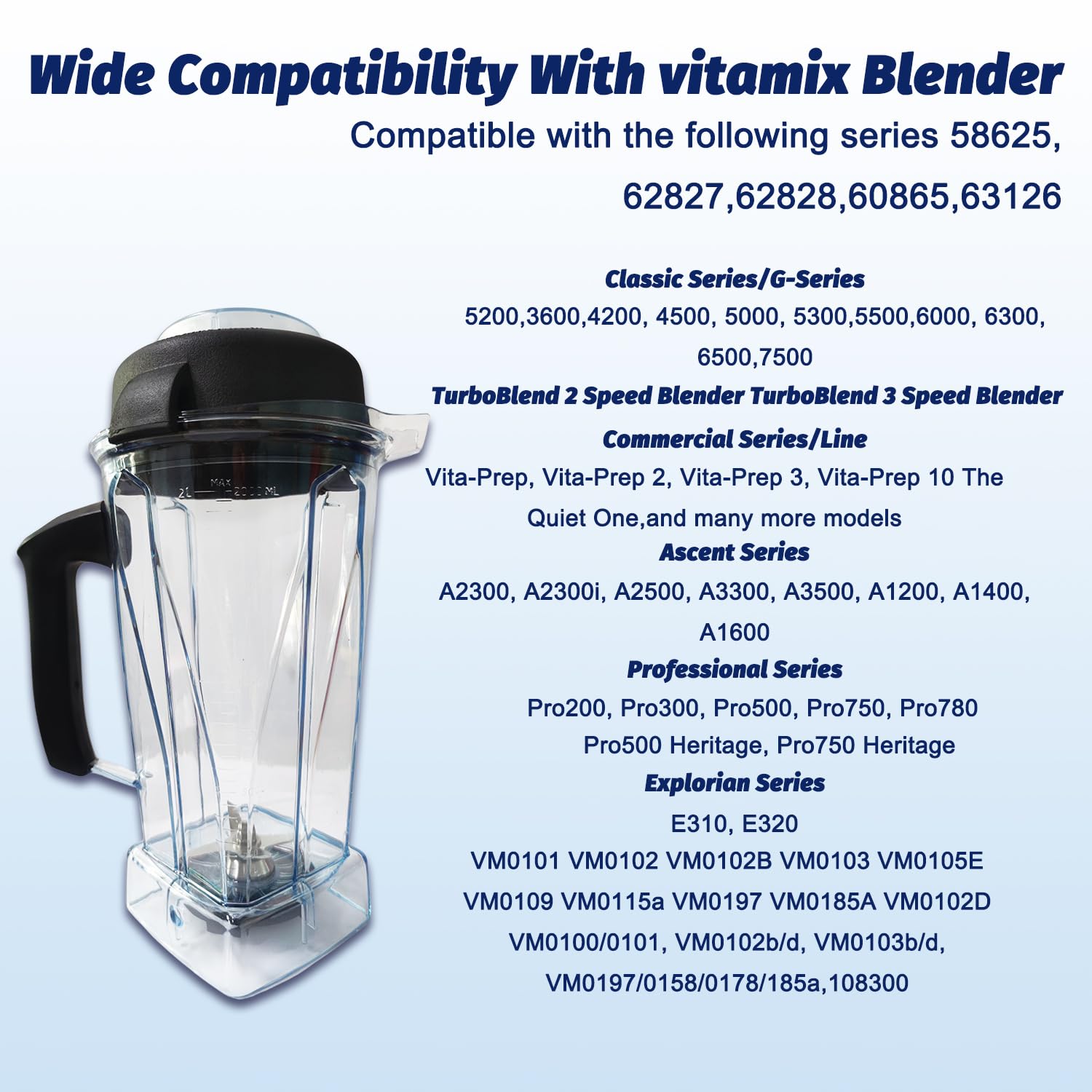 Upgraded 64oz Vitamix Blender Pitcher Replacement - Compatible with Vitamix 5200, 5000, 6500, 7500, Pro500, 750, Vita-Prep VM0101, VM0102, VM0103, VM0197, E310, E320 & Asy172 - Includes 2 Cleaning Brushes - Perfect for Smoothies, Soups & Food Prep