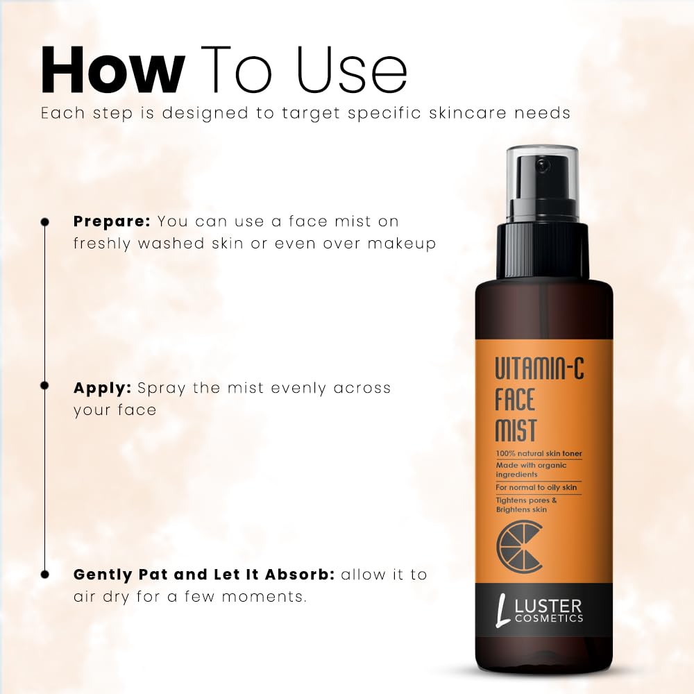 Luster Cosmetics Vitamin C Face Mist Toner for Oily & Dry Skin | Hydrating & Refreshing Facial Spray | Paraben & Sulfate Free Skincare for Women & Men (115ml) | Perfect for Daily Hydration, Post-Workout Refresh & Travel Skincare