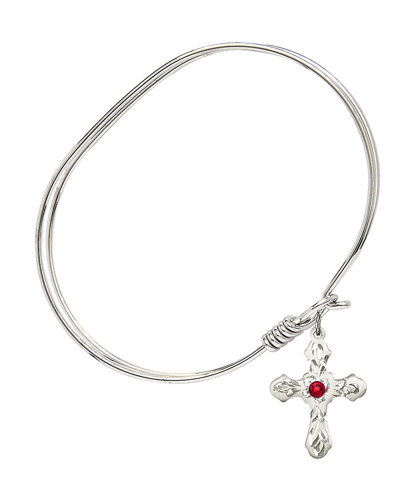 7 Inch Oval Eye Hook Bangle Bracelet with Cross Medal Charm & July Red Crystal - Elegant Jewelry for Women, Perfect for Daily Wear, Parties, and Gift Giving