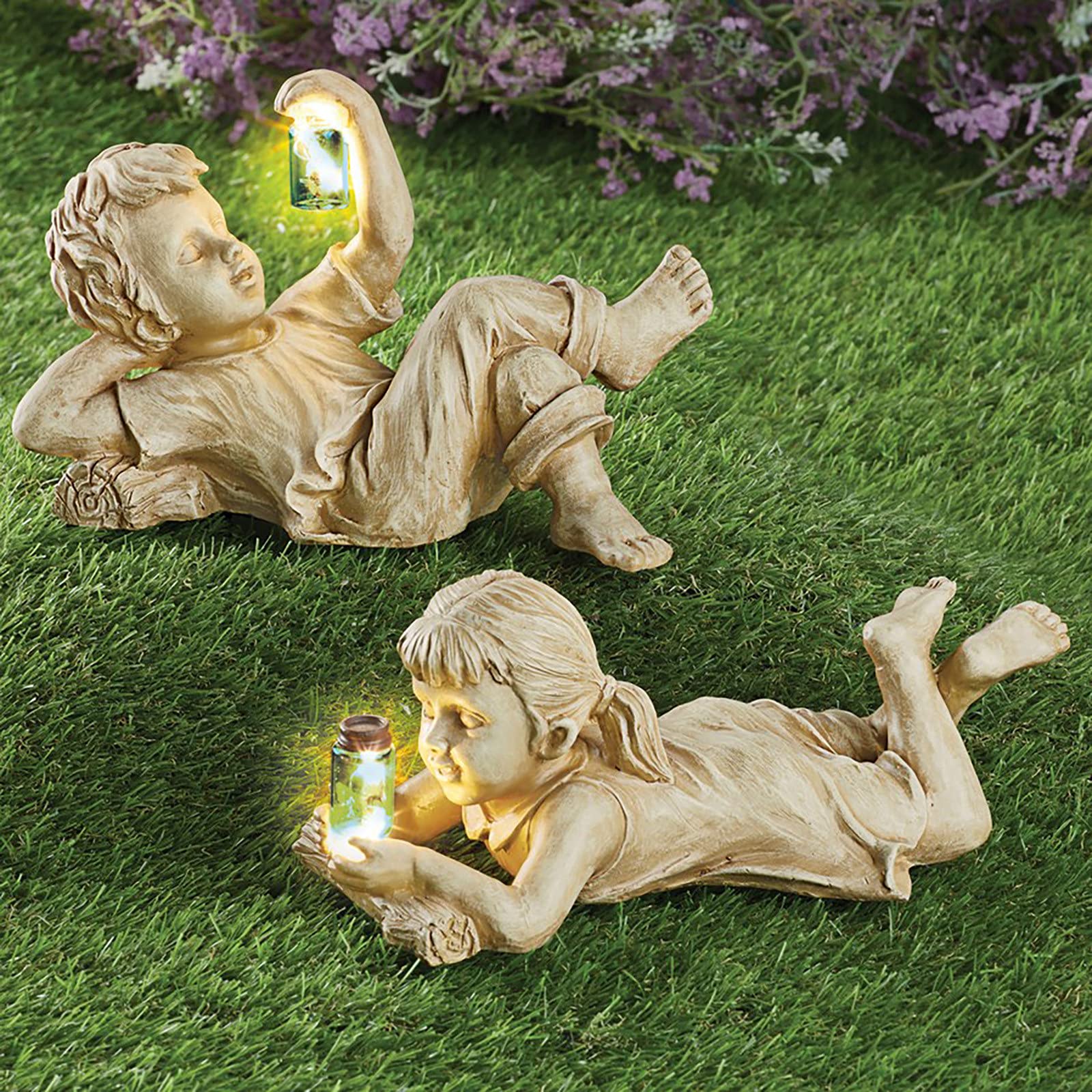 Solar-Powered Firefly Jar Garden Statue - Whimsical Boy & Girl Outdoor Decor for Lawn, Yard & Patio | Creative Solar Lighted Firefly Jar Sculpture for Kids' Garden, Birthday Gift & Nighttime Landscape Lighting