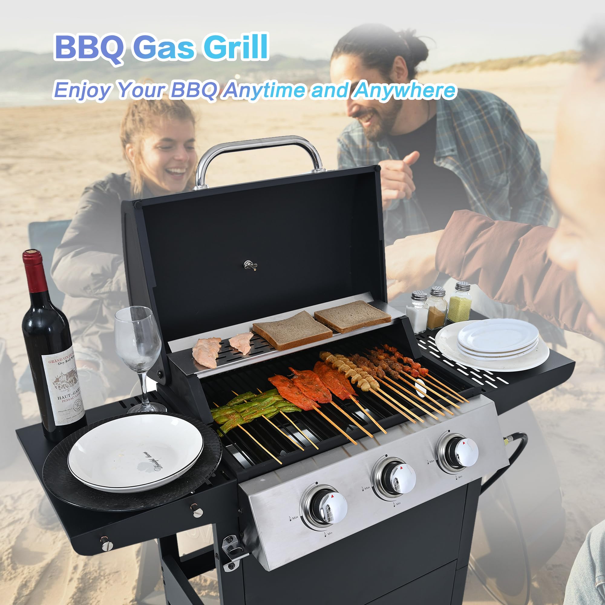 **3 Burner Propane Gas BBQ Grill - Stainless Steel Outdoor Grill with Enameled Cast Iron Grids & Rectangular Griddle - 26,000 BTU for Patio, Garden, Backyard, Camping & Tailgating (Black-3 Burner)**