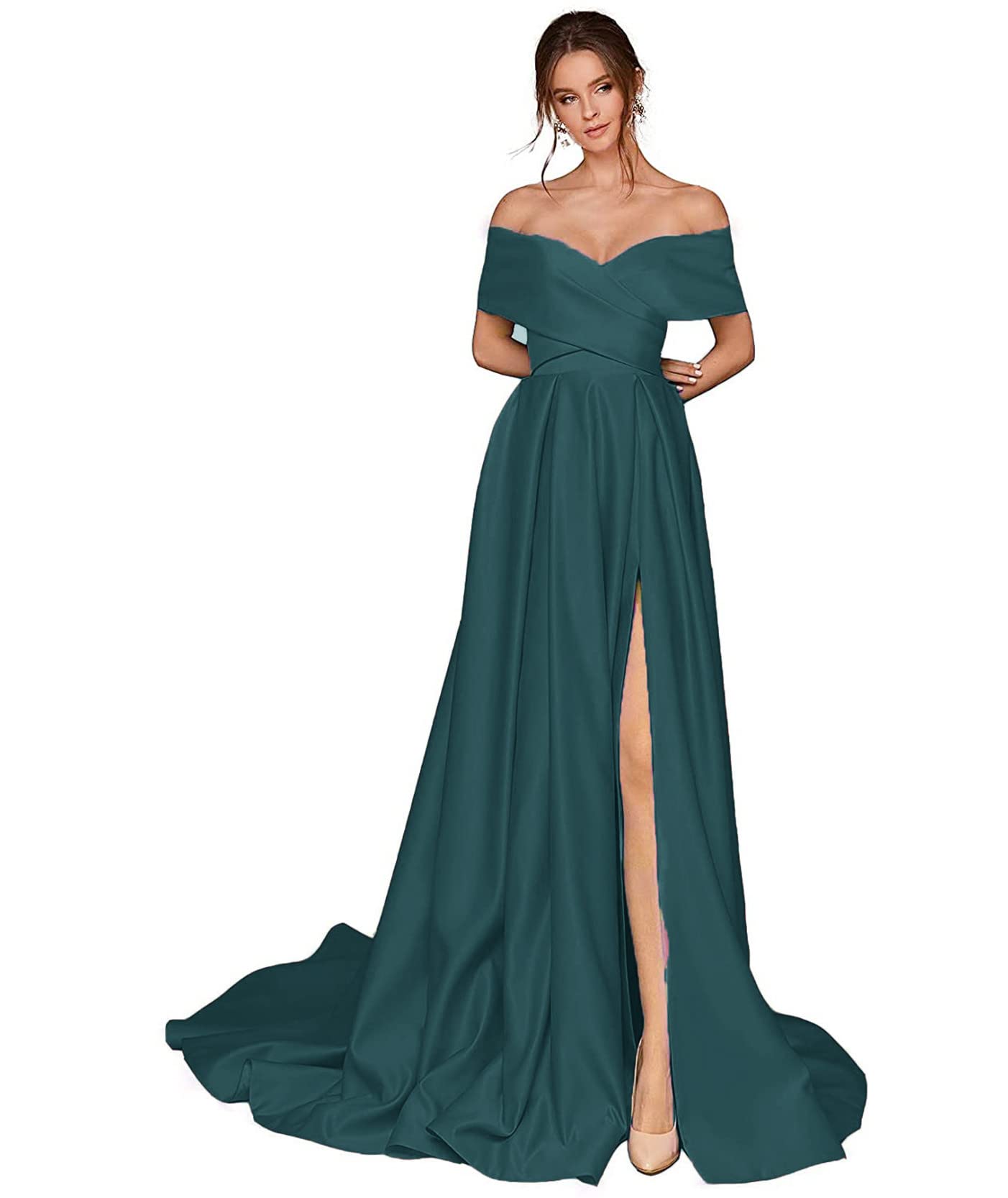 Elegant Off The Shoulder Prom Dresses for Women - Long Split Formal Evening Gown with Pockets | Satin A-Line Party Dress for Homecoming, Wedding, Ball & Special Occasions