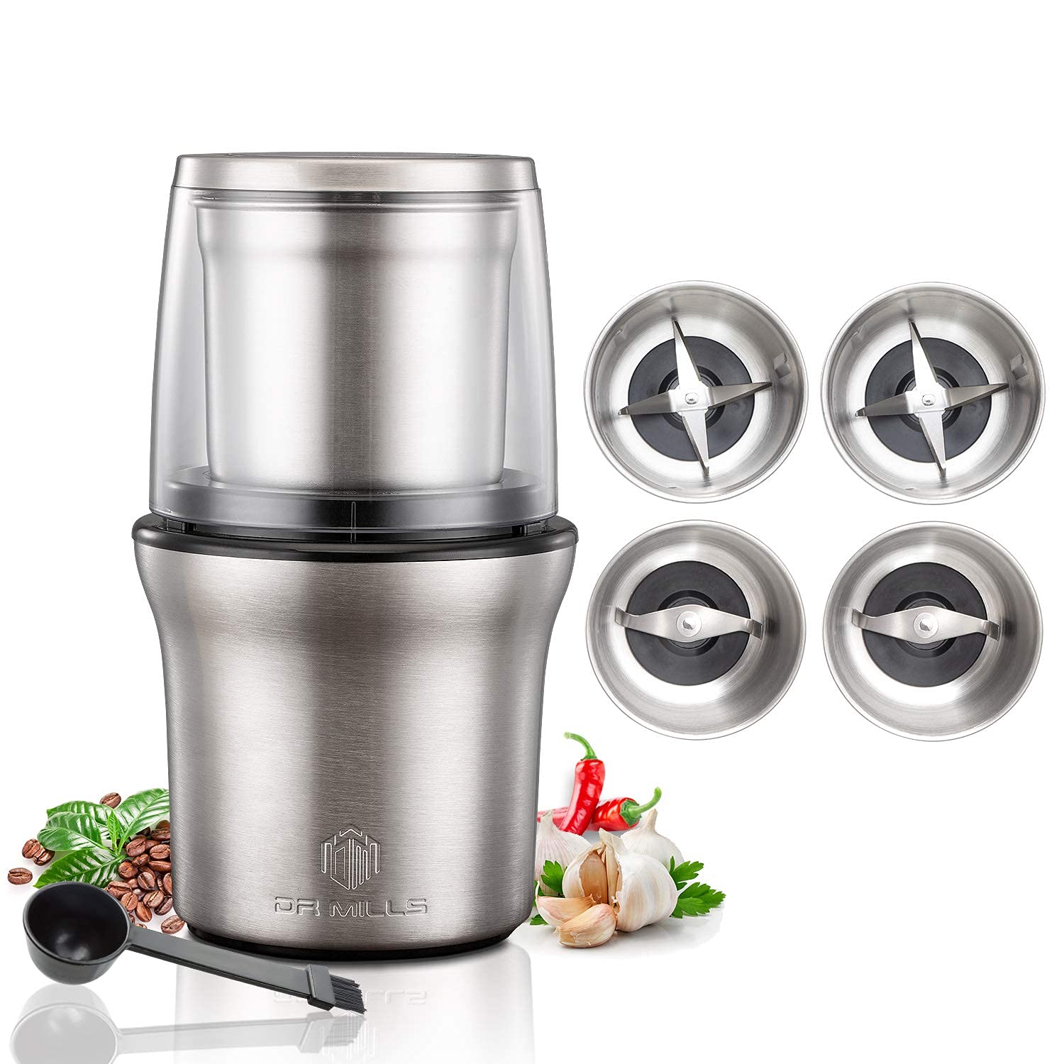 DR MILLS DM-7412M Electric Spice & Coffee Grinder with Dry & Wet Grinding Cups - Perfect for Freshly Ground Coffee, Herbs, Spices, Nuts & Baby Food at Home or Commercial Kitchens