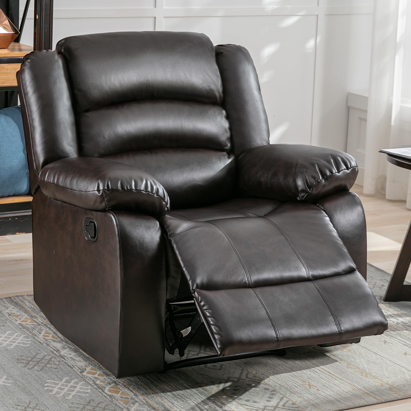ANJ Manual Recliner Chair - Dark Brown Faux Leather Living Room Reclining Sofa with Padded Arms & Back Support | Comfortable Single Seat for Home Theater, Gaming & Relaxation