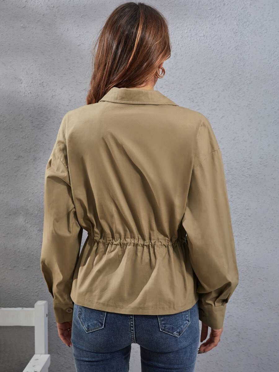 TINMIIR Women's Drop Shoulder Zipper Coat with Flap Detail & Drawstring Waist - Khaki Color Size S | Stylish Outerwear for Fall & Winter Fashion