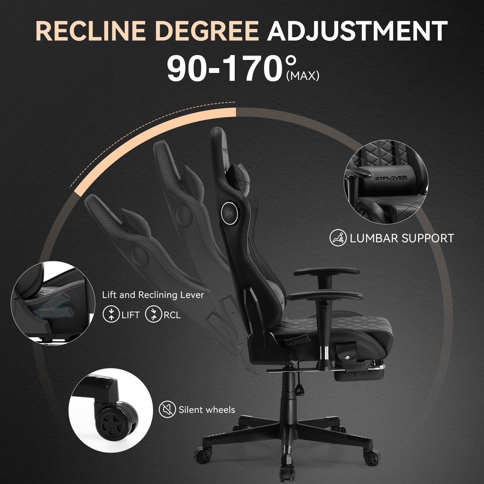 GTPLAYER Ergonomic Gaming Chair with Bluetooth Speakers - High Back Office Computer Desk Chair with Lumbar Support & Footrest - 330LBS Weight Capacity (Black) - Perfect for PC Gaming, Home Office & Streaming Setup