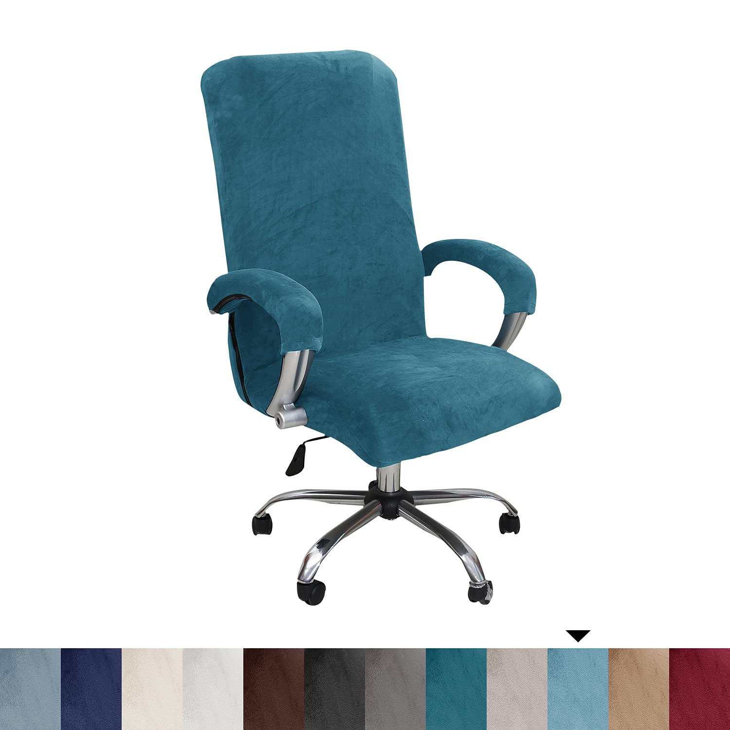 NILUOH Stretch Velvet Office Chair Cover with Armrest Covers - Universal Fit for Computer Desk, Boss Swivel & Gaming Chairs (Large, Peacock Blue) - Home Office & Workspace Decor Upgrade