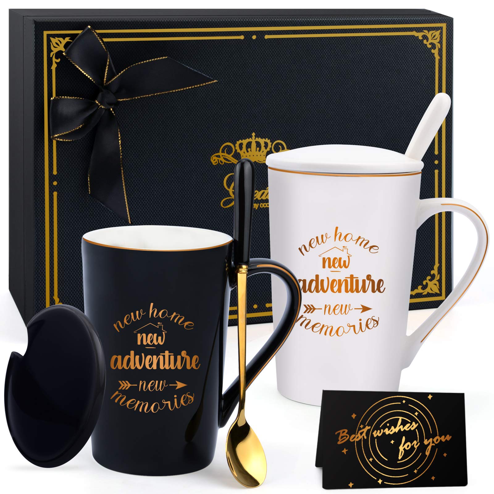 Housewarming Gifts for New Home - Ceramic Coffee Mug Set for Couples, Women & Men - Perfect House Warming Present for New Adventure & Memories (Black & White) - Great for Coffee, Tea & Hot Chocolate at Home