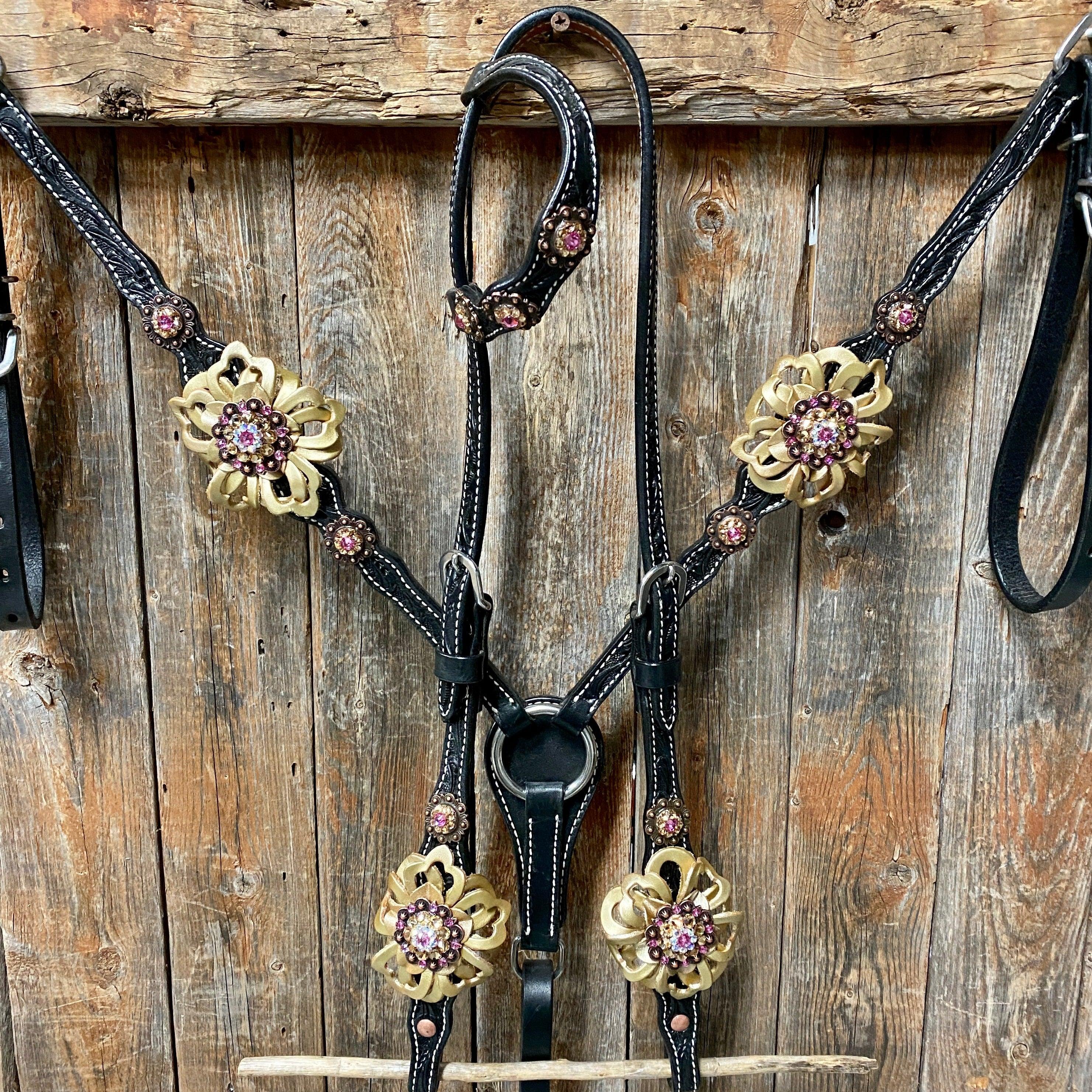 Black Floral Pink and Gold One Ear & Breastcollar Horse Tack Set #OEBC408 - Perfect for Equestrian Shows, Dressage, and Western Riding