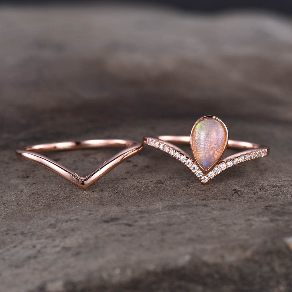 Natural Pink Opal Engagement Ring Set in 14K/18K Gold - Dainty Plain Band for Women, Wedding, Proposal & Anniversary Jewelry Gift