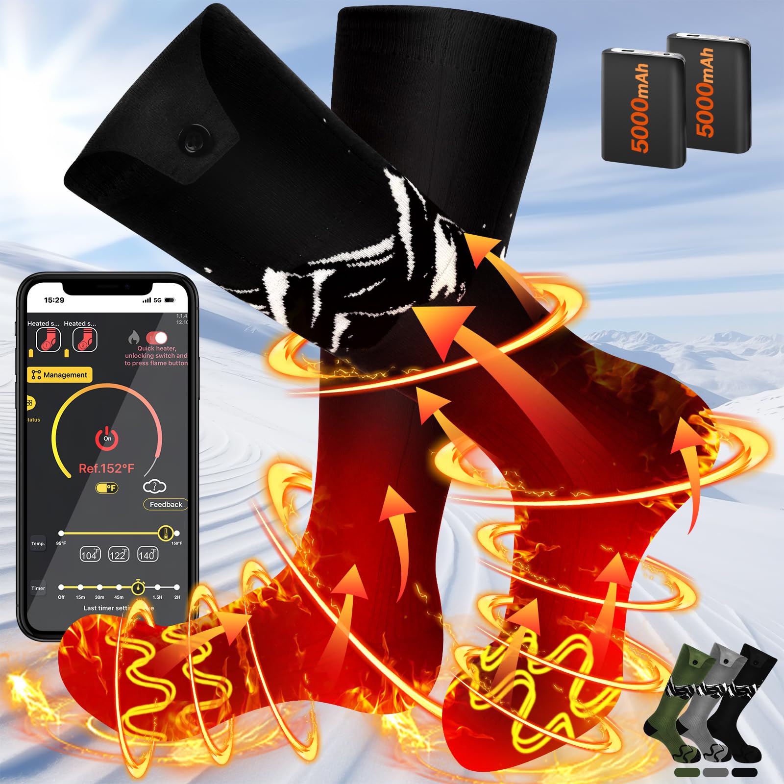 SNOW LEOPARD Rechargeable Heated Socks for Men & Women - 5000mAh Battery Electric Warming Socks with APP Control, Washable Winter Foot Warmers for Skiing, Hiking, Riding & Outdoor Activities