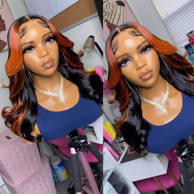Eullair Ginger Orange Skunk Stripe Body Wave Human Hair Wig with Piano Color Highlights & Lace Frontal - Perfect for Cosplay, Costume Parties, and Daily Fashion Styling