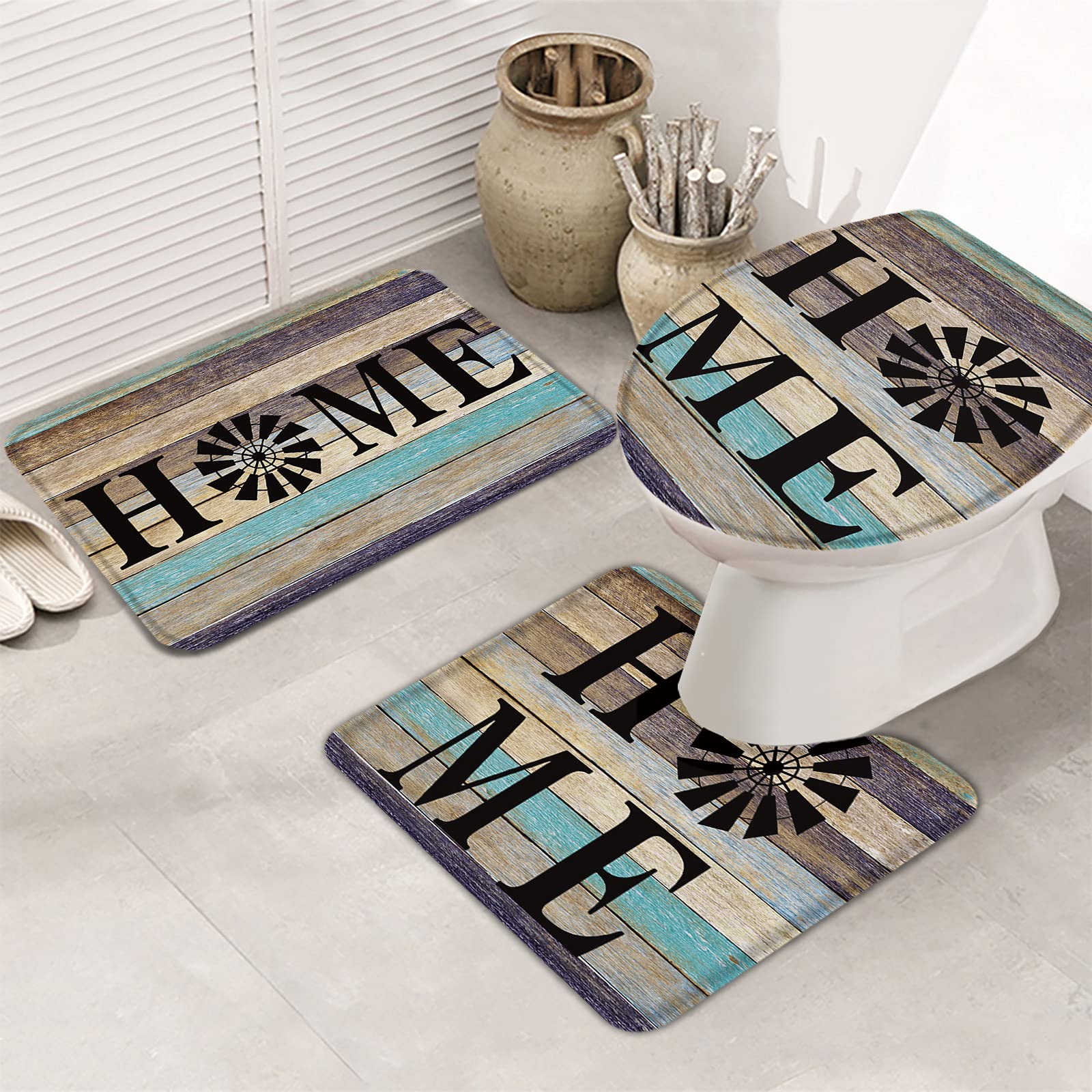 3-Piece Non-Slip Bathroom Rug Set with Windmill Farm Design - Absorbent Shower Mat, Contour Mat & Toilet Cover - Soft Wooden Plank Texture Bath Mats for Cozy Farmhouse Style Bathrooms