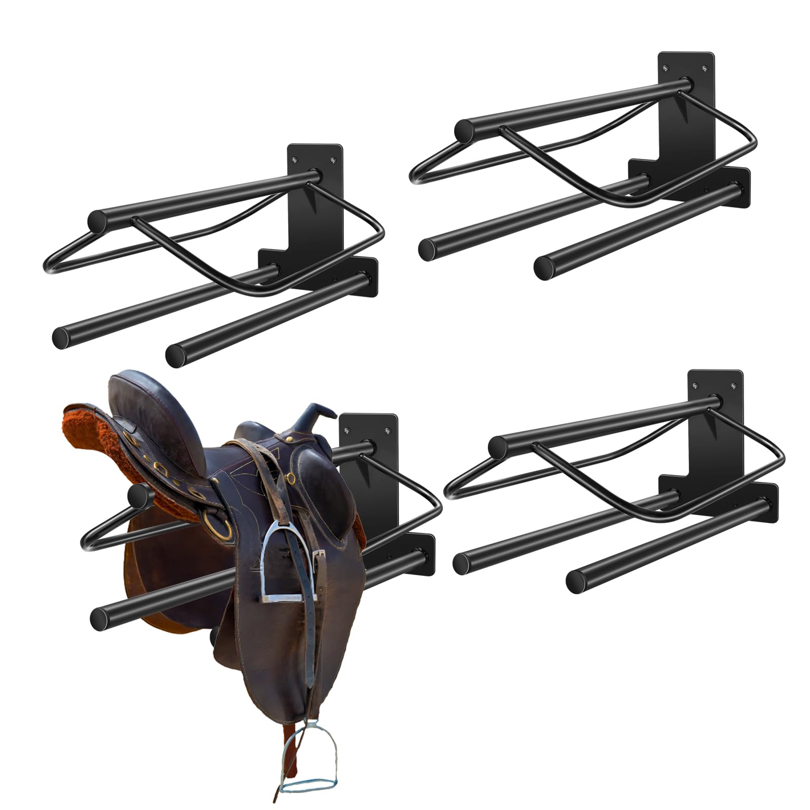 4 Sets Heavy Duty Wall Mounted Saddle Rack Stand with Double Pad Bar - 23.8x12.6x7.5 Inches for English & Western Saddles - Perfect for Stable, Barn, or Equestrian Center Organization