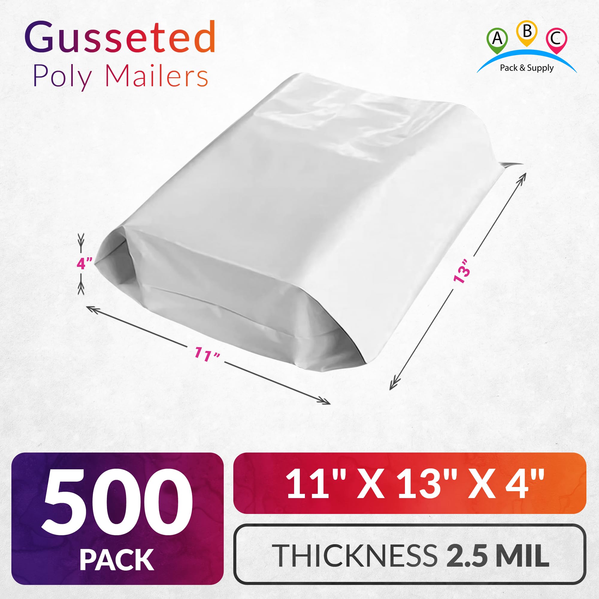 ABC White Gusseted Poly Mailers 11x13x4 Inches - 500 Pack Expandable Shipping Bags for Clothes, Apparel & Ecommerce - Perfect for Online Stores, Boutiques & Small Business Shipping Needs