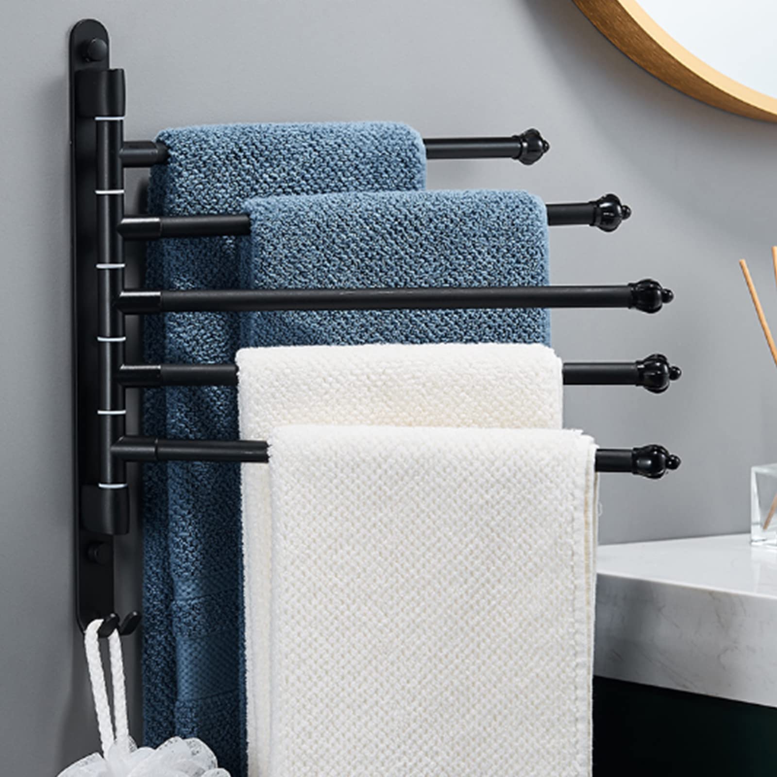 Matybobe 5-Bar Swivel Wall Mounted Towel Rack with Foldable Arms & Hooks - Aluminum Bathroom & Kitchen Towel Holder Organizer - Perfect for Small Spaces, Apartments, and Laundry Rooms