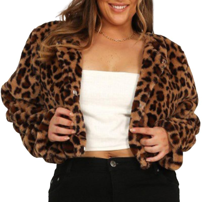CORIRESHA Women's Fashion Leopard Print Faux Fur Coat - Winter Warm Cropped Fleece Jacket for Women - Perfect for Casual Outings, Parties and Cold Weather Fashion