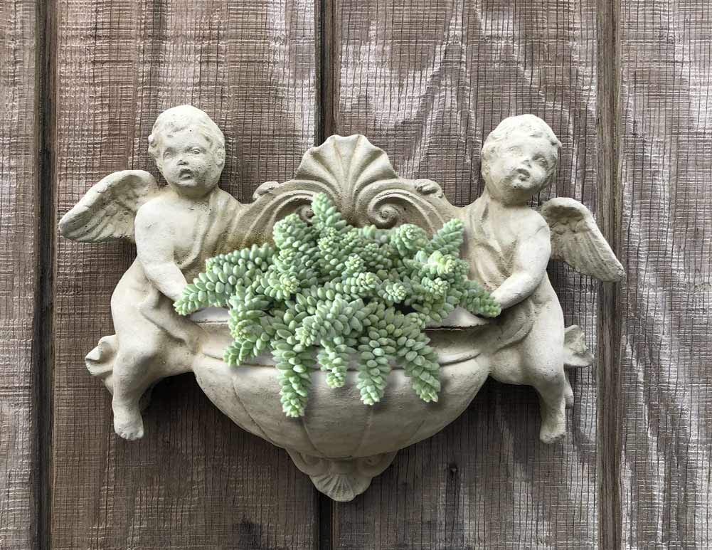 Cherub American-Made Cast Stone Water Font & Wall Planter, 15