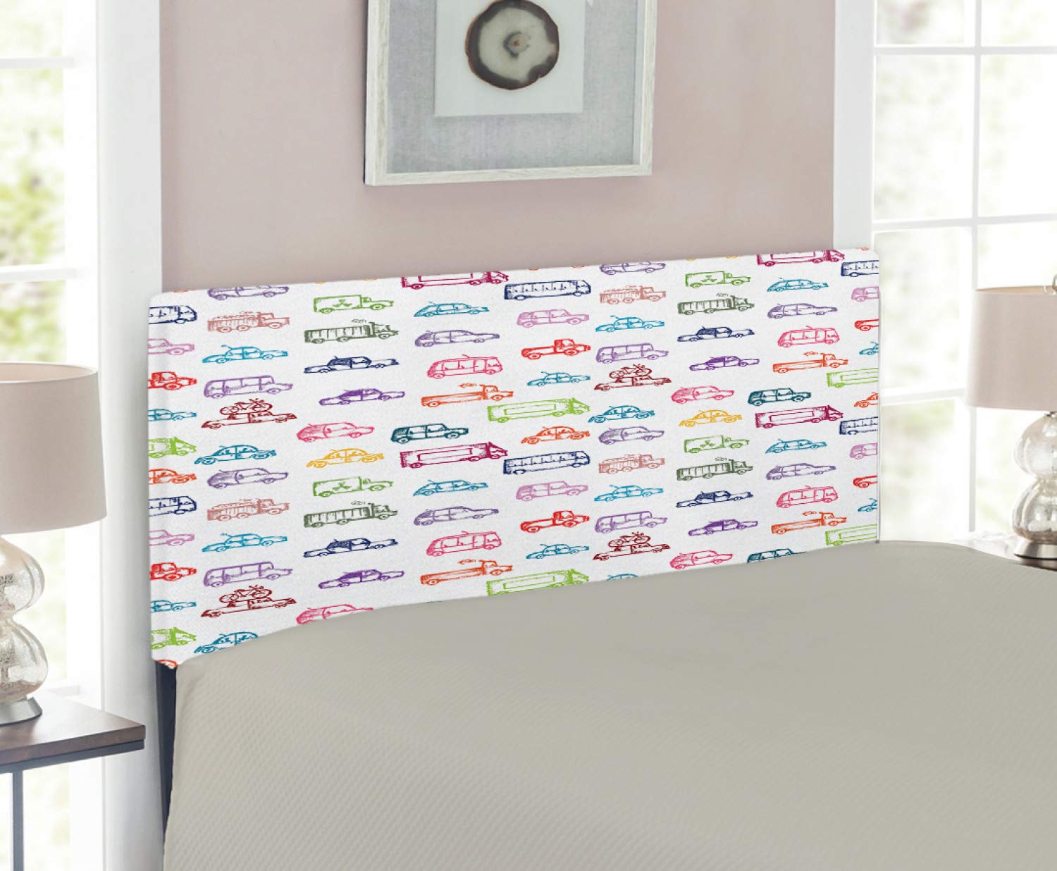 Ambesonne Cars Headboard - Vibrant Upholstered Metal Bed Headboard with Memory Foam, Twin Size | Bus, Truck, Garbage Truck & Sports Car Design | Perfect for Kids' Bedrooms, Teen Rooms & Auto Enthusiast Decor