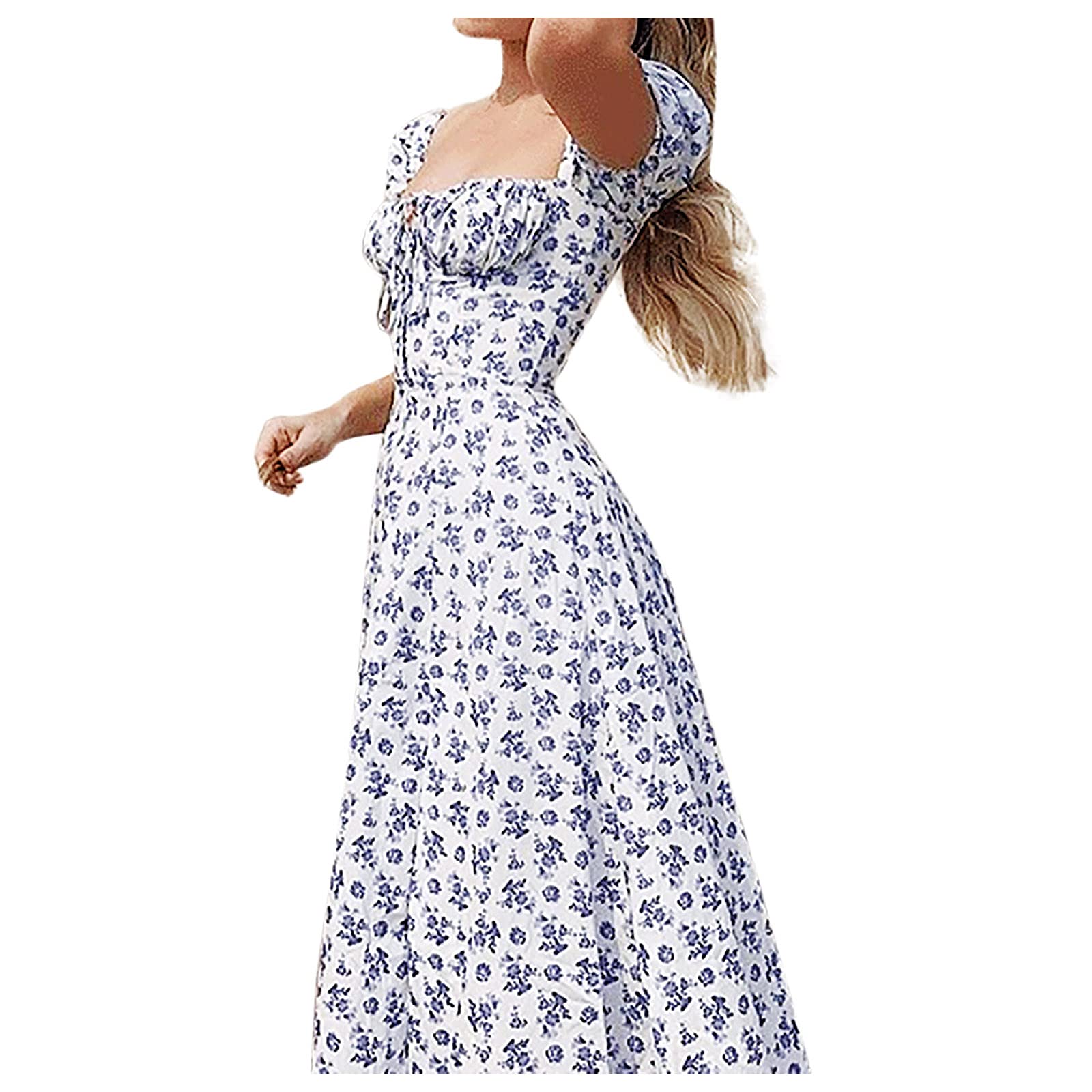 Women's Mini Dress with Puff Sleeves - Summer Floral Printed Split Hem Fashion Dress for Casual Wear, Date Night & Beach Outings