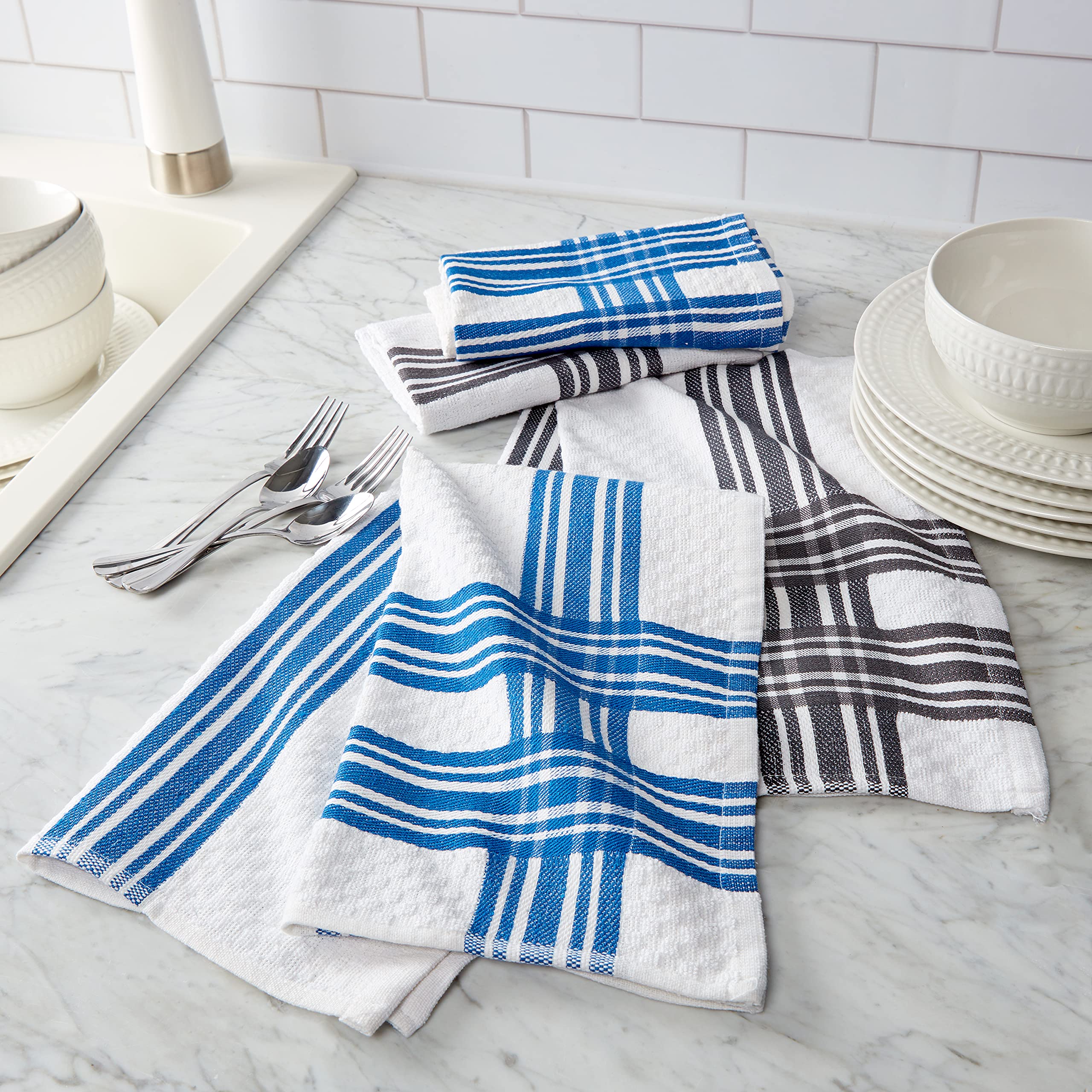 Chicago Metallic 9-Piece Kitchen Textile Set - Heat Resistant Oven Mitts, Pot Holders, Cotton Terry Dish Towels & Cloths (Blue, White, Gray) for Baking, Cooking & Kitchen Decor