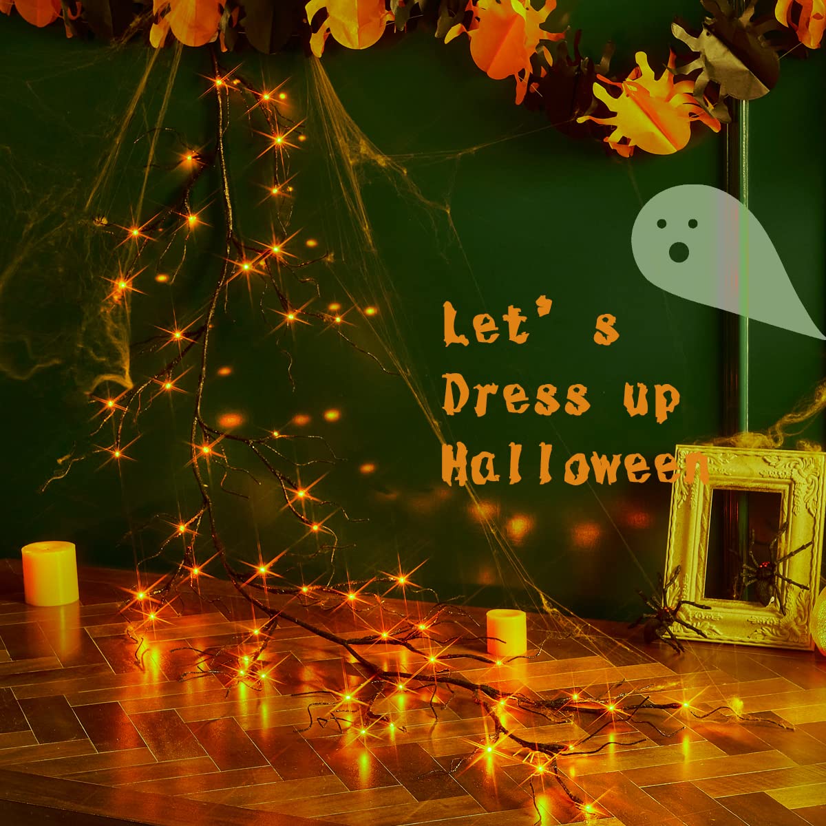 Fudios 6FT Halloween Garland with 48 Orange & Purple LED Lights - Battery Operated Glitter Black Decor for Mantle, Wall, Party (8 Lighting Modes) | Perfect for Halloween Home Decoration, Spooky Porch Display & Themed Party Backdrop