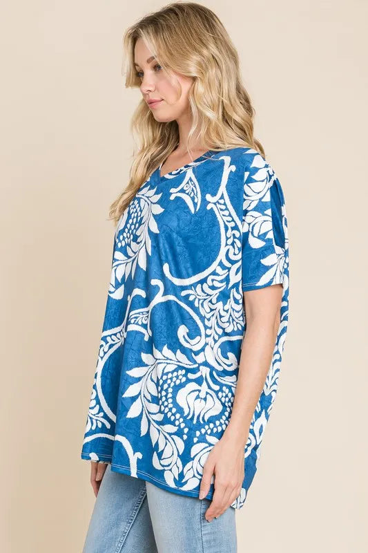 BOMBOM Women's Printed Relaxed V-Neck Tunic Top - Casual Flowy Blouse for Work, Travel & Everyday Wear