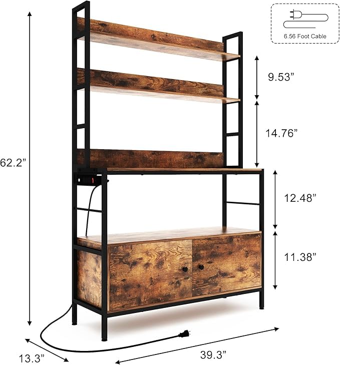 5-Tier Heavy Duty Kitchen Baker’s Rack with Power Outlet & Storage Cabinet - Free Standing Oven Stand, Microwave Shelf & Spice Rack with Hooks - Perfect for Small Kitchens, Pantry Organization & Baking Essentials Storage