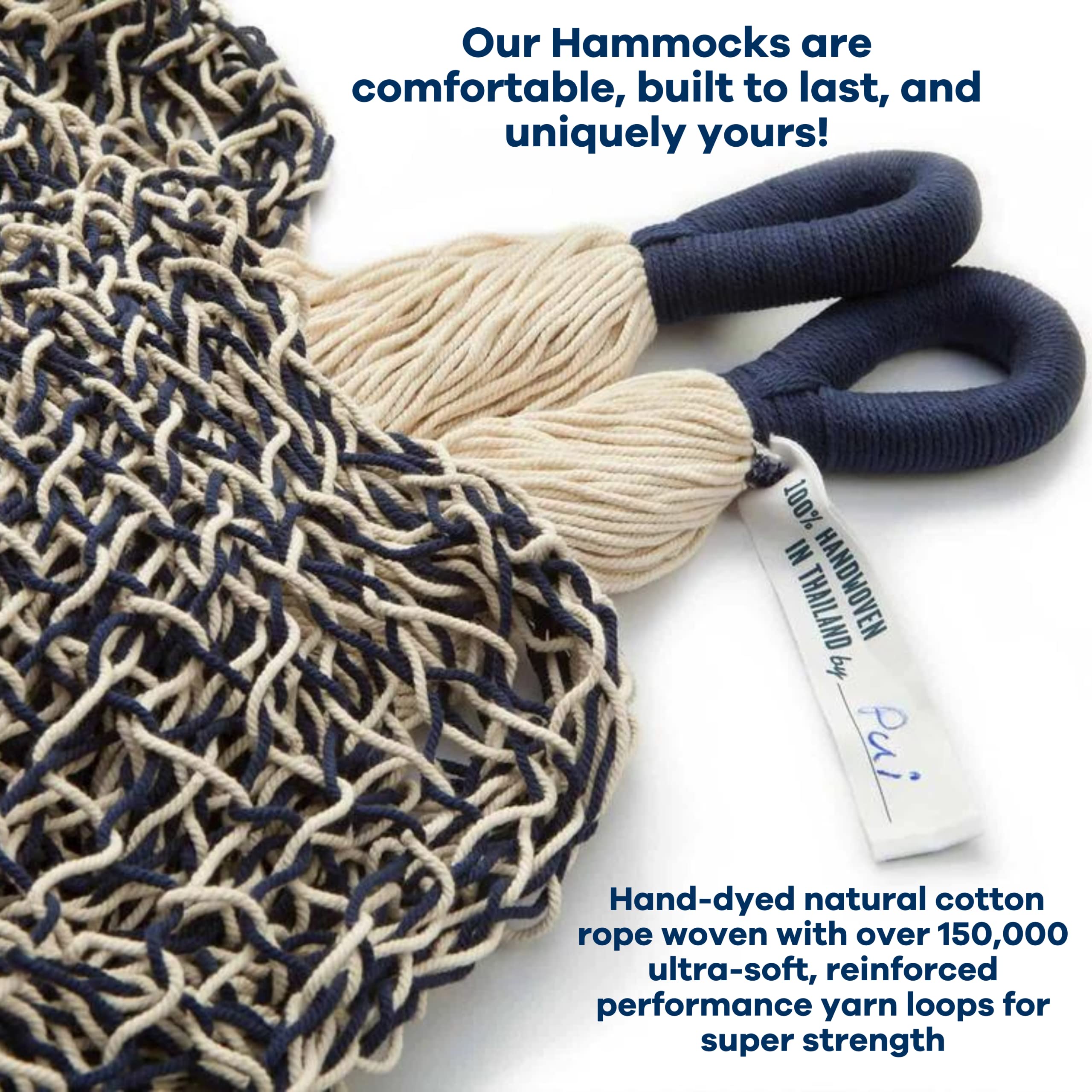 Premium Handwoven Cotton Rope Hammock - Double Size for 2 People (400lb Capacity) - 100% Natural & Eco-Friendly - Artisan Made Hanging Bed - Navy Blue & Off White - Perfect for Backyard, Beach, Camping & Patio Relaxation