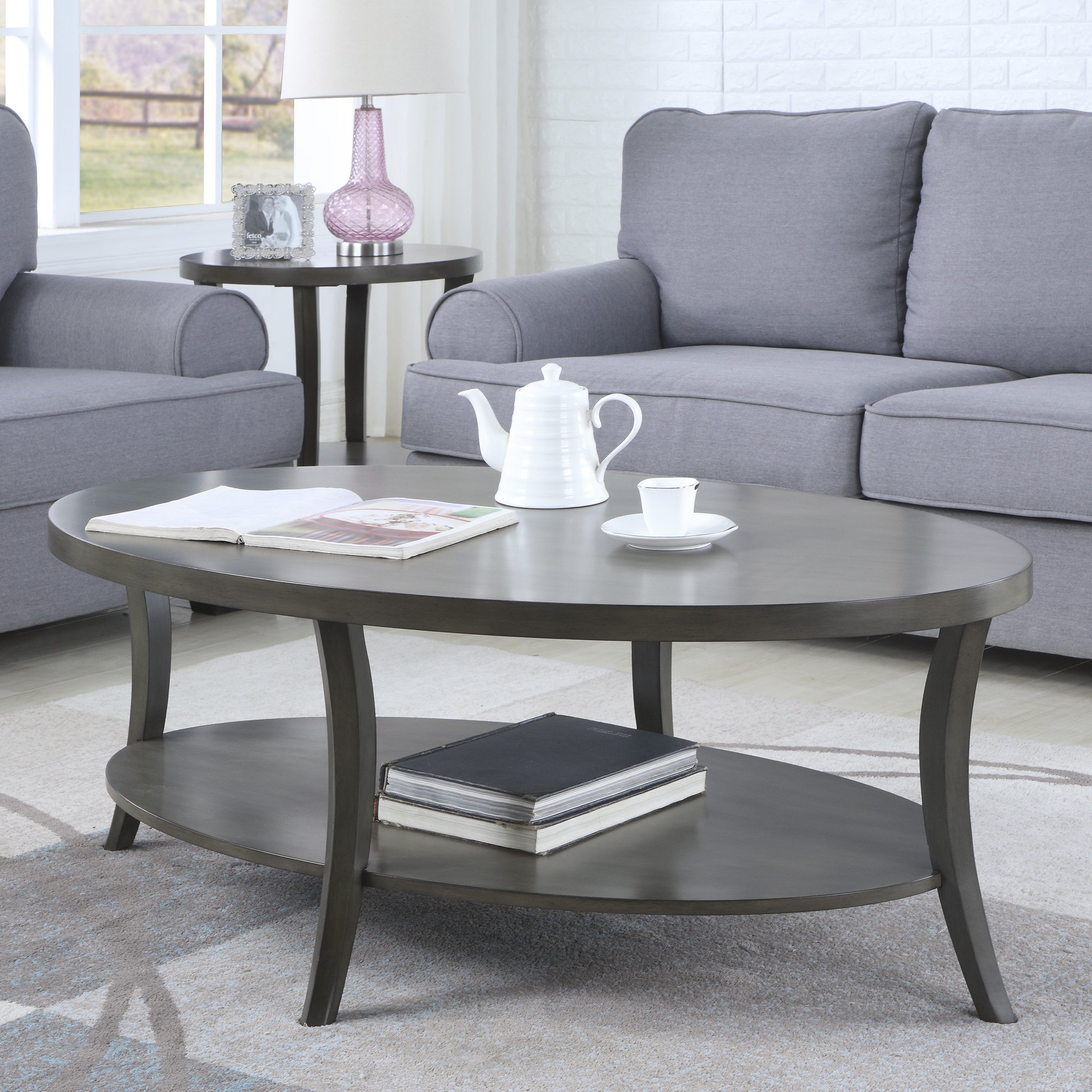 Roundhill Furniture Perth Contemporary Oval Shelf Coffee Table - Modern Gray Living Room Center Table for Small Spaces & Apartments