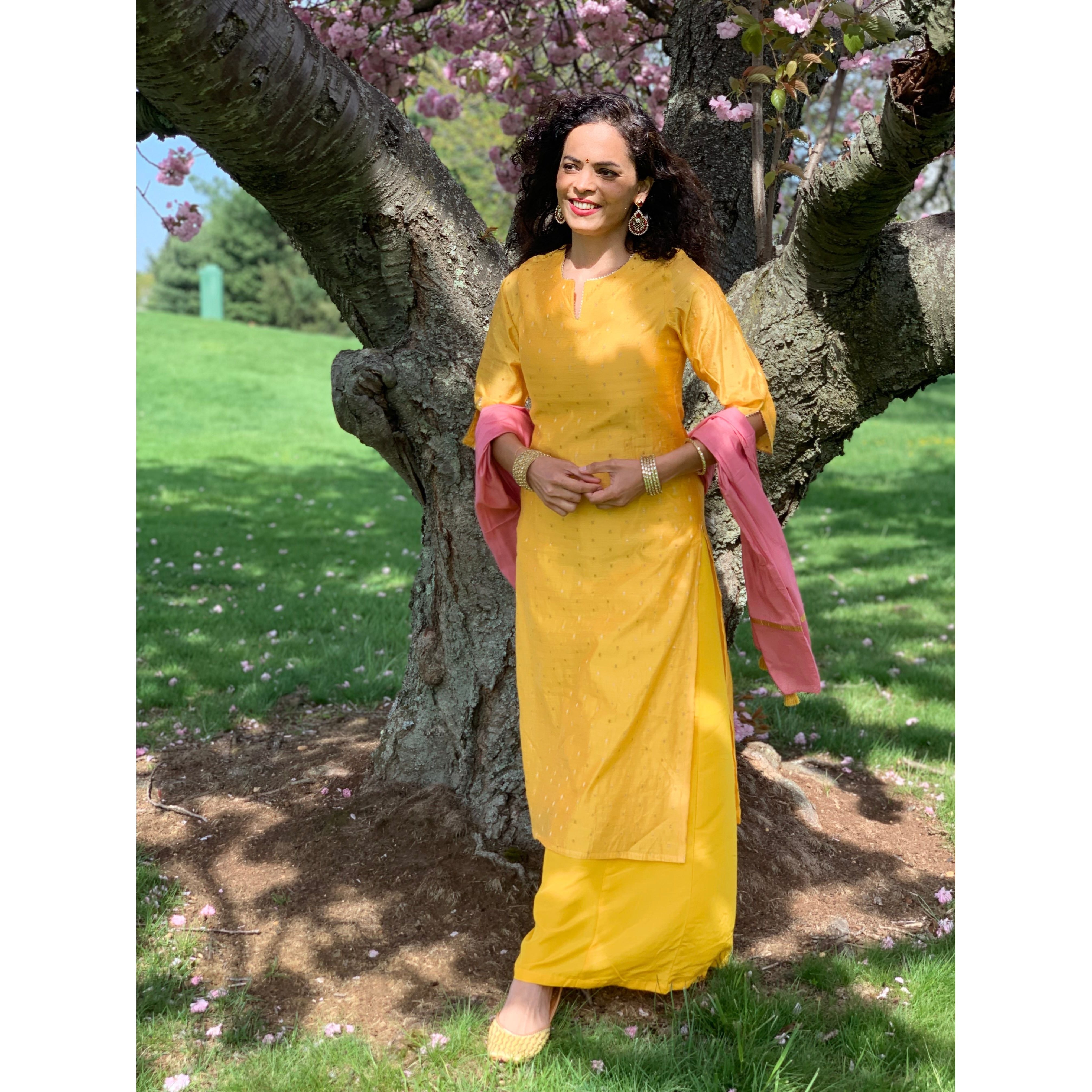 Elegant Yellow and Gold Printed Chanderi Silk Kurta Set for Women | Traditional Indian Ethnic Wear | Perfect for Festivals, Weddings & Special Occasions