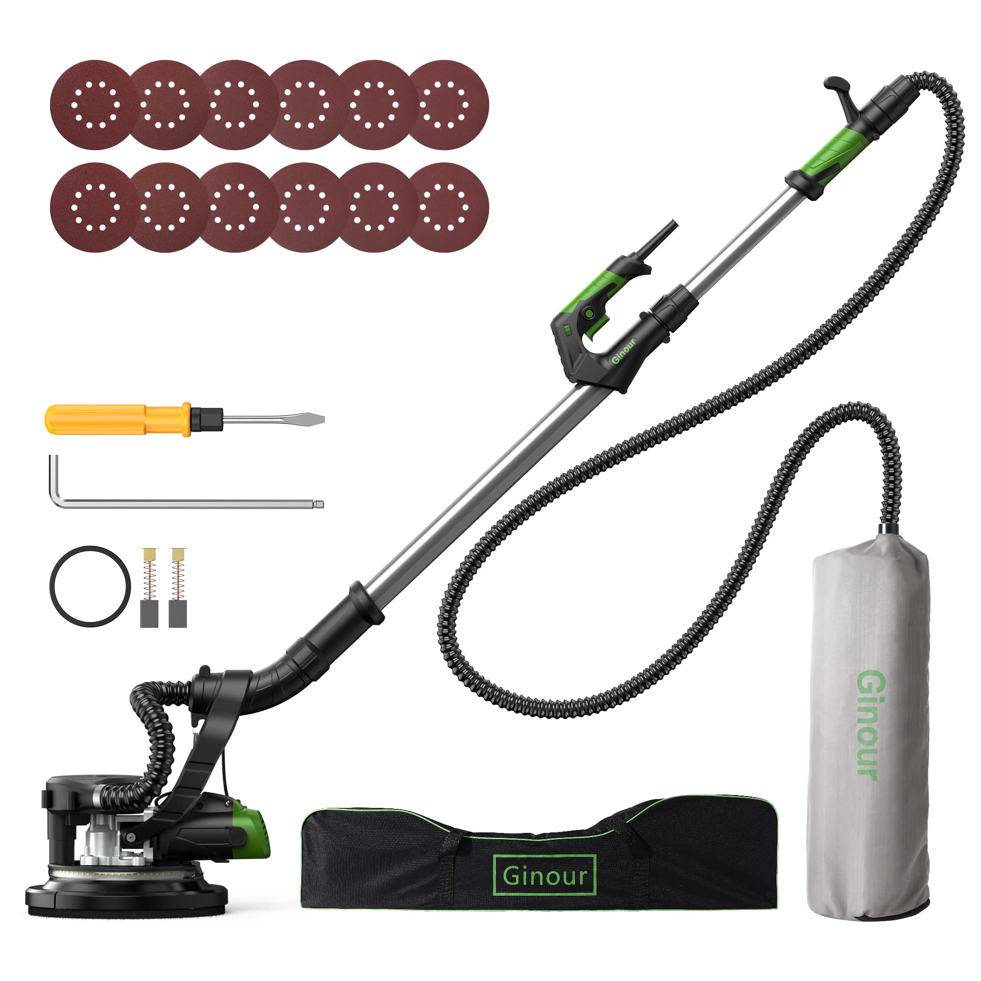 Ginour 750W Powerful Drywall Sander with LED Light - 7-Speed Adjustable (1000-1800 RPM) Electric Wall Sander, Extendable Handle, Dust Hose & 12 Sanding Discs Included - Ideal for Ceiling, Wall Repair & Home Renovation Projects