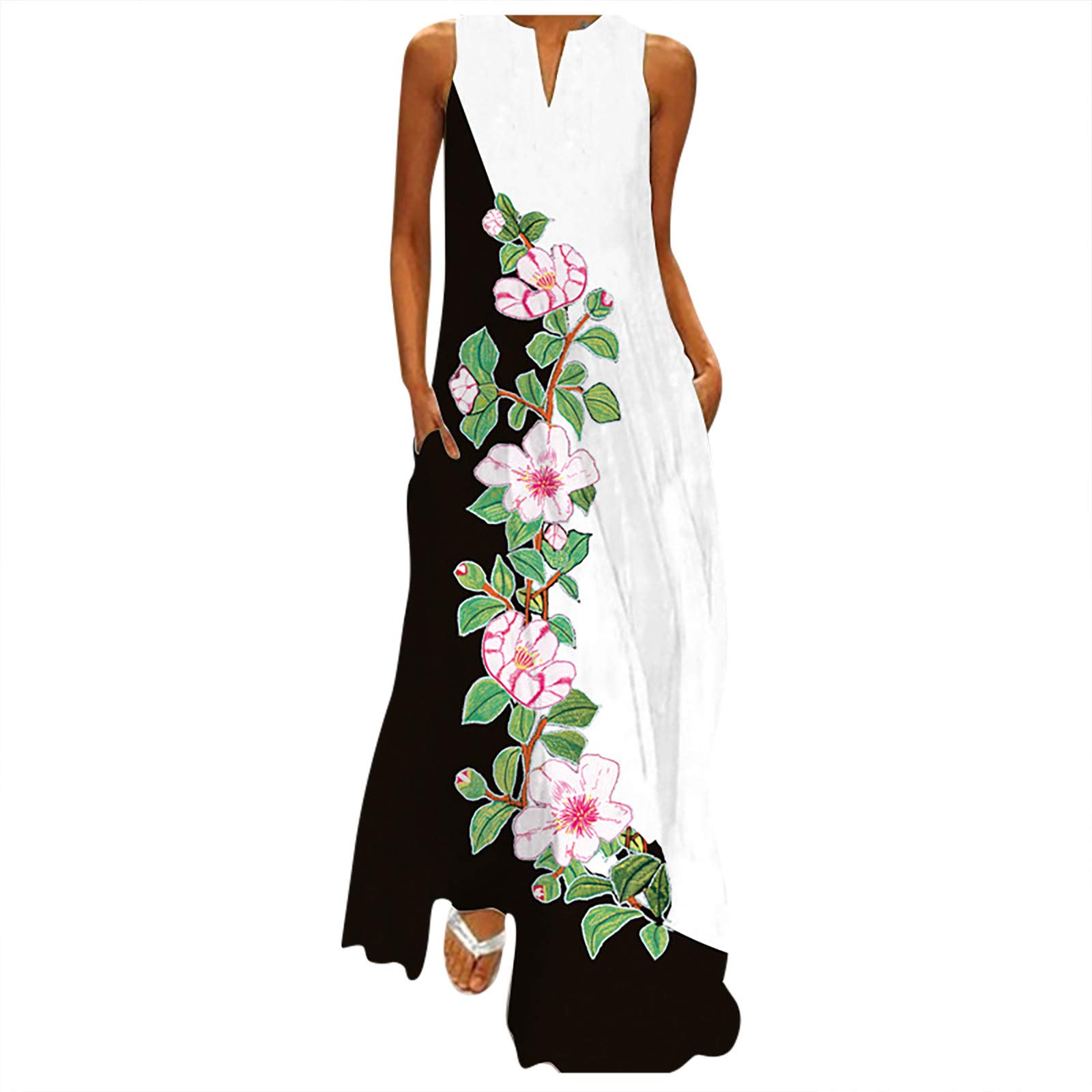Women's V-Neck Sleeveless Long Kaftan Dress with Split Hem & Pockets - Flowy Printed Boho Maxi Dress for Beach, Vacation & Casual Wear