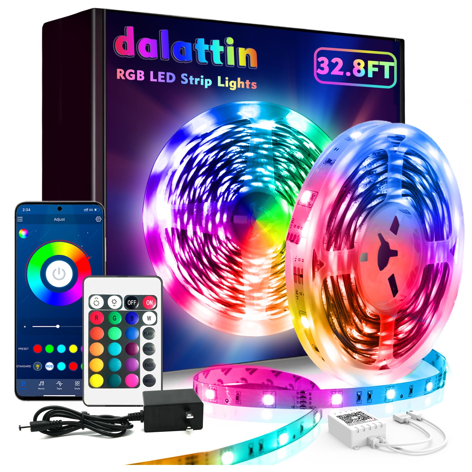 Dalattin 32.8ft Smart RGB LED Strip Lights - Music Sync Color Changing 5050 LED Lights with App & Remote Control for Bedroom, Kitchen, Party Decor - Perfect for Home Lighting, Gaming Setup, and Holiday Decoration