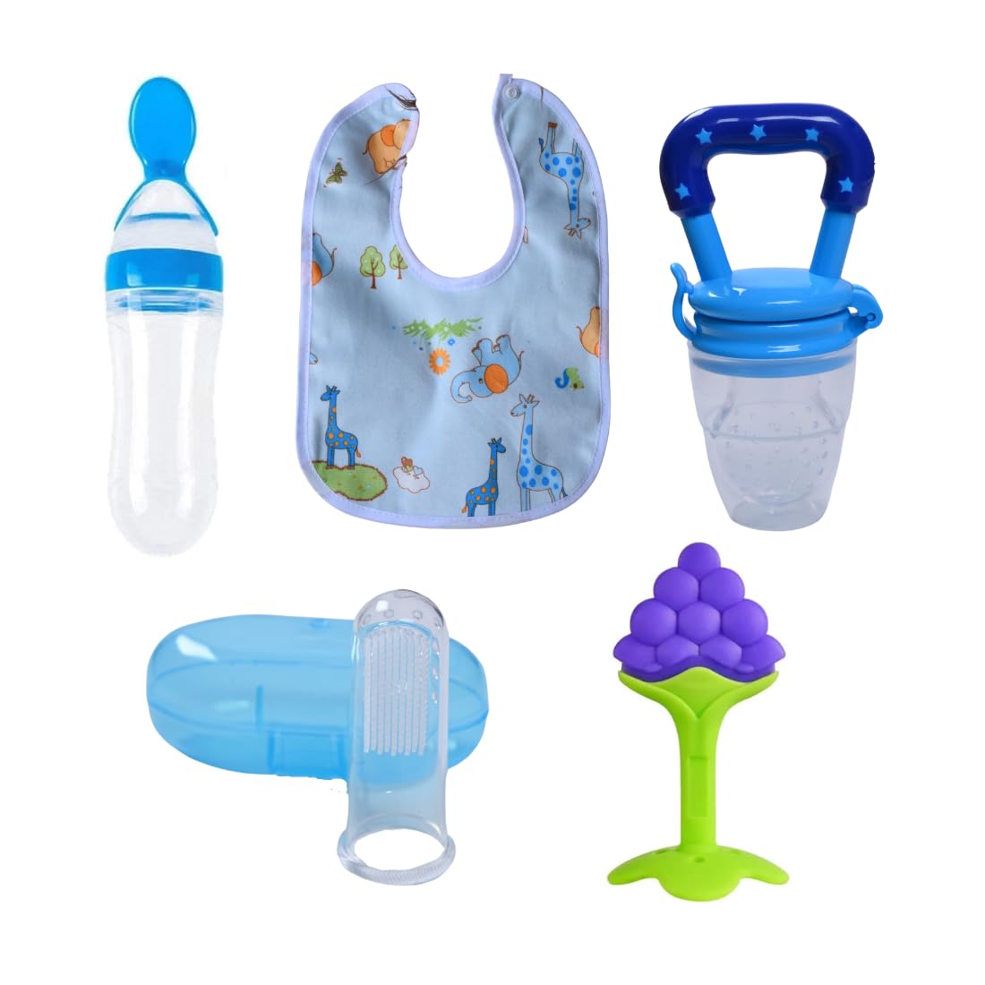 KUPEPE 5-in-1 Baby Feeding Set - Safe Fruit Nibbler, Spoon Feeder, Finger Brush, Bib & Teether for Teething & Weaning - BPA-Free, Easy to Clean Infant Essentials - Perfect for Home, Travel & Mess-Free Mealtime (Blue)