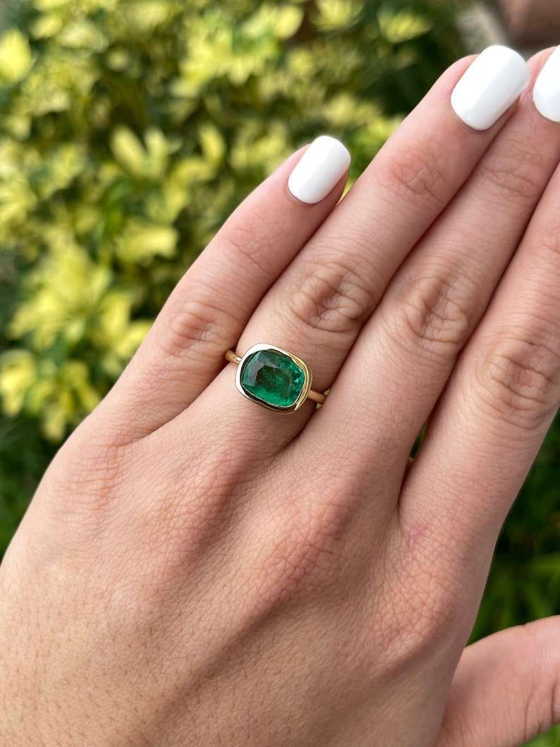 3.48ct Vivid Green East-West Emerald Engagement Ring in 18K Gold - Bezel Set Cushion Cut for Unique Style | Perfect for Proposal, Anniversary & Special Occasions