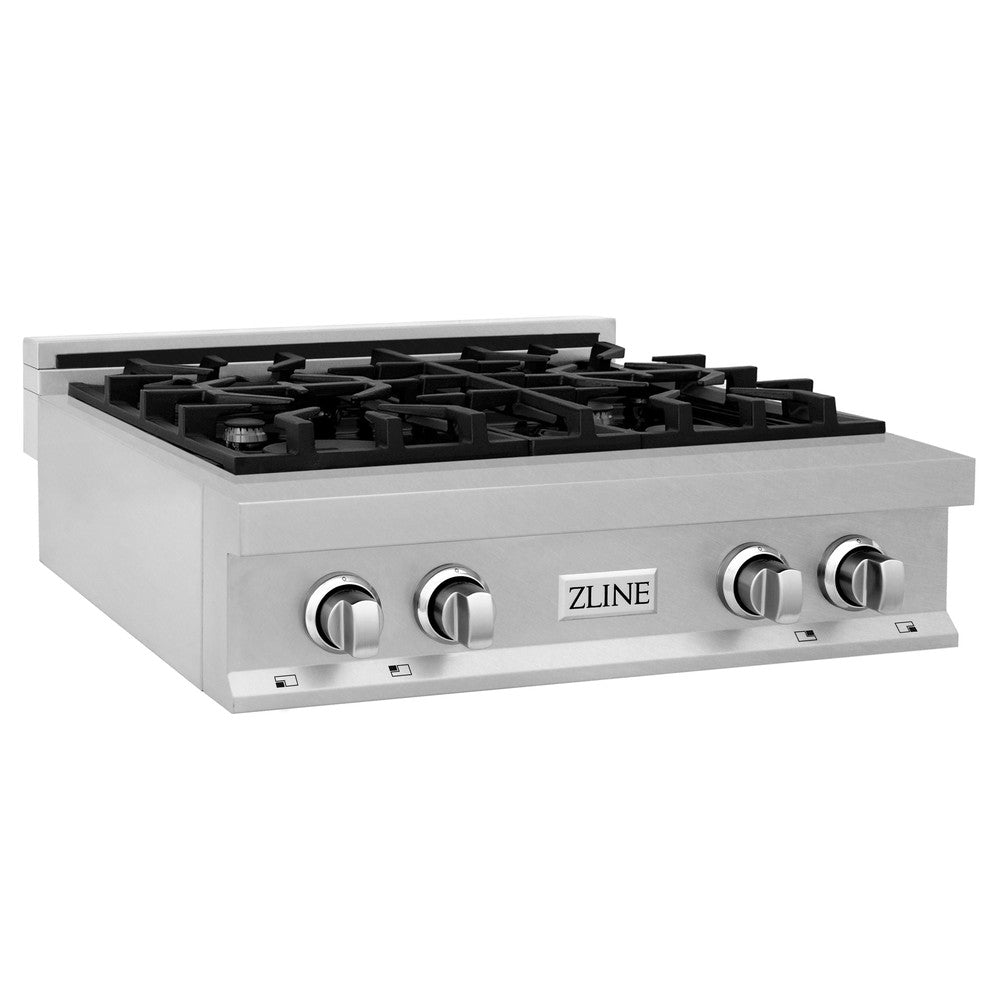 ZLINE 30-inch Satin Stainless Steel Gas Rangetop with Convertible Range Hood - Professional Kitchen Package for Home Chefs | Perfect for Modern Kitchens, Open Concept Homes & Gourmet Cooking