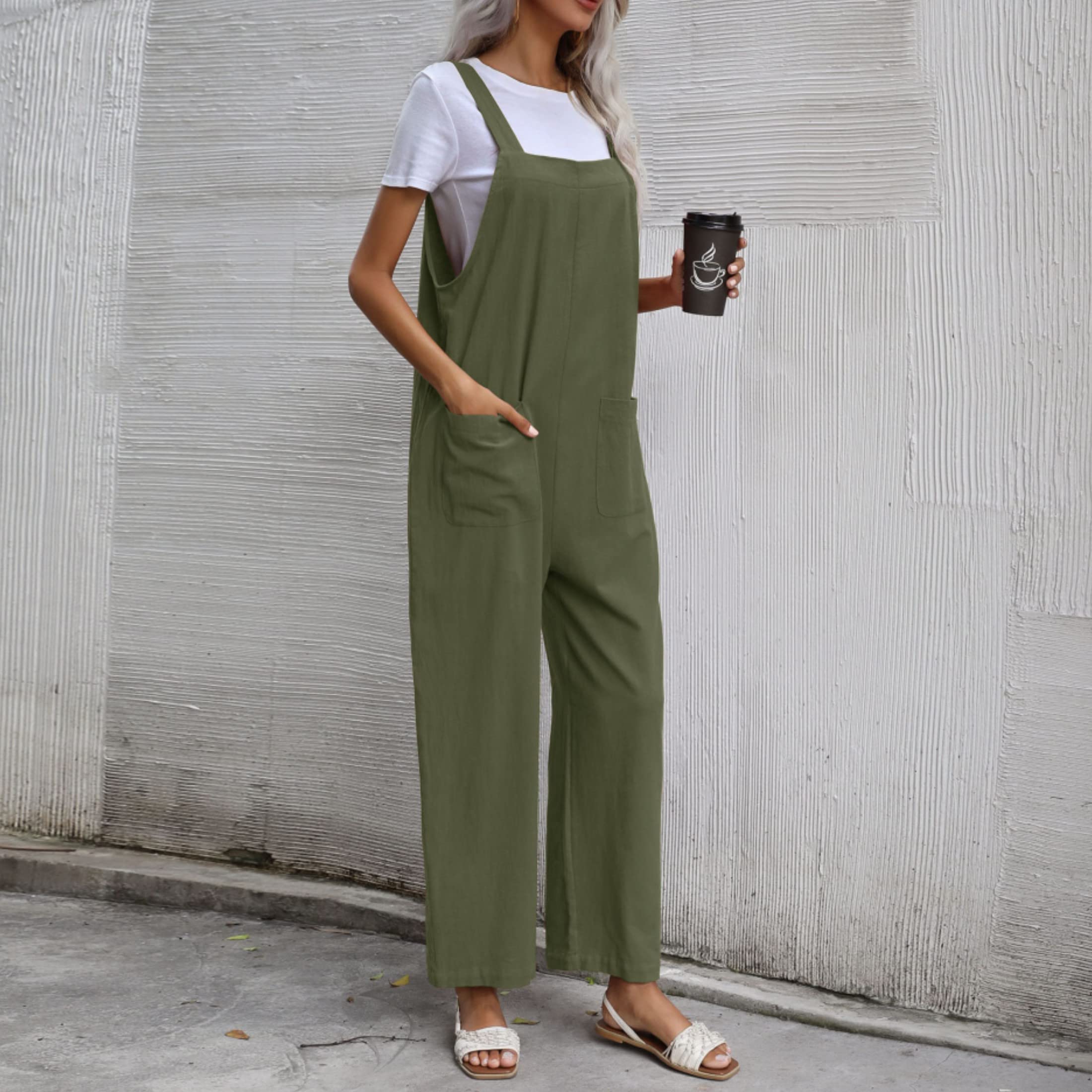 Zontroldy Women's Summer Sleeveless Cotton Linen Romper Overalls - Baggy Strap Wide Leg Jumpsuit with Pockets | Casual Outfit for Beach, Vacation & Outdoor Activities
