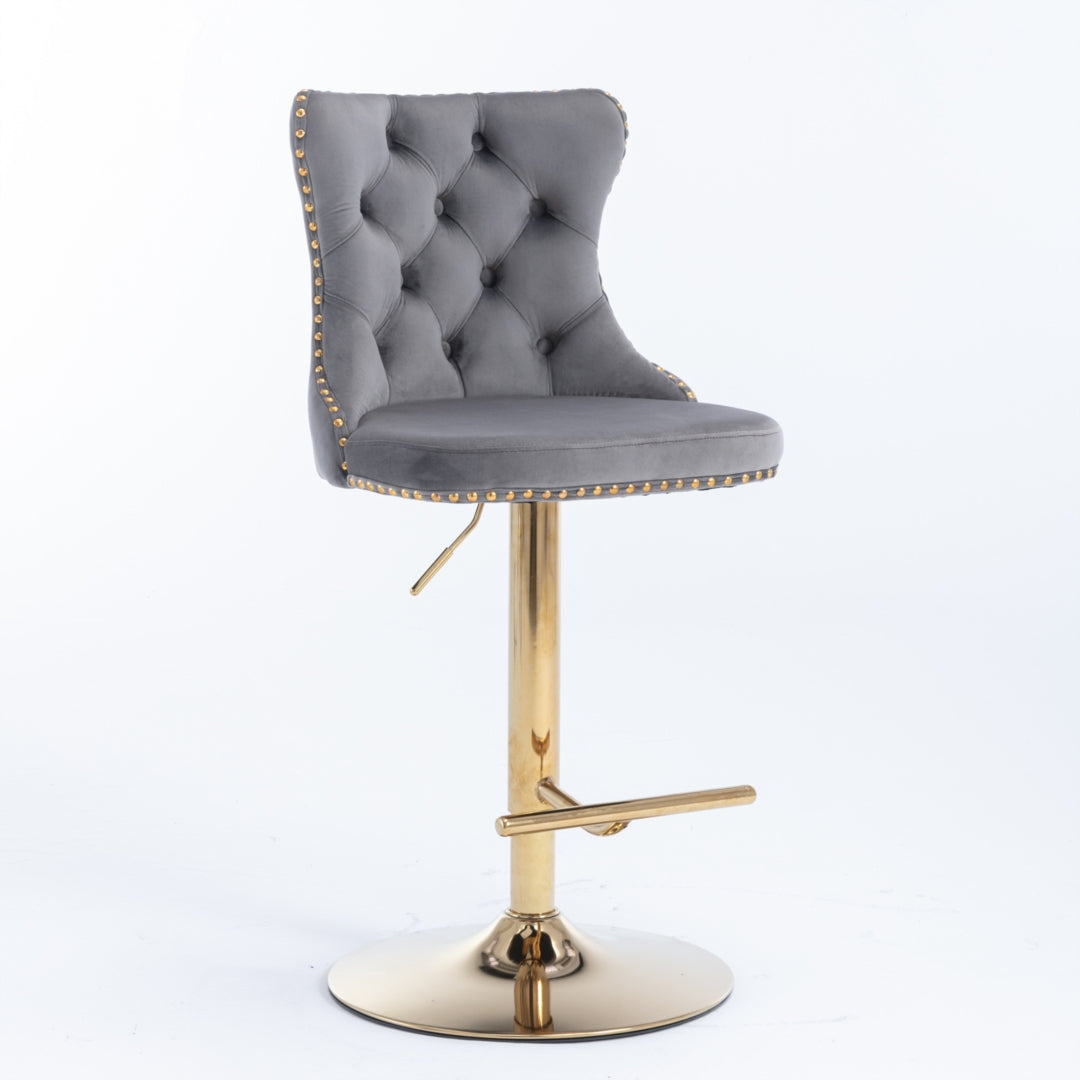 Adjustable Height Swivel Bar Stools with Footrest - Velvet Upholstered, Studded Design & Golden Metal Base (Grey) - Perfect for Kitchen Islands, Home Bars & Modern Dining Areas