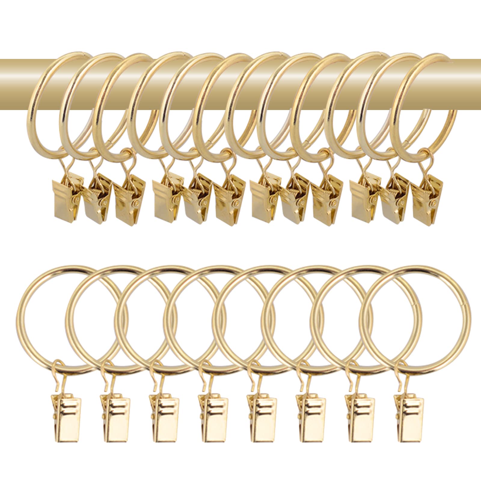 40 Pack 1.5 Inch Gold Metal Curtain Rings with Clips - Decorative Drapery Hanging Rings for Tension Rods, Bracket Eyelets & Window Treatments - Perfect for Living Room, Bedroom & Home Decor