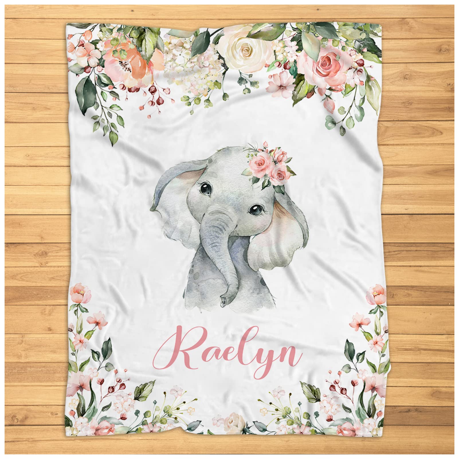 Elephant Baby Blanket for Girls - Vintage Floral Safari Nursery Blanket - Personalized Baby Name Blanket - Ultra Soft Plush Blanket for Newborns & Toddlers - Perfect for Nursery Decor, Baby Showers & Gift Giving